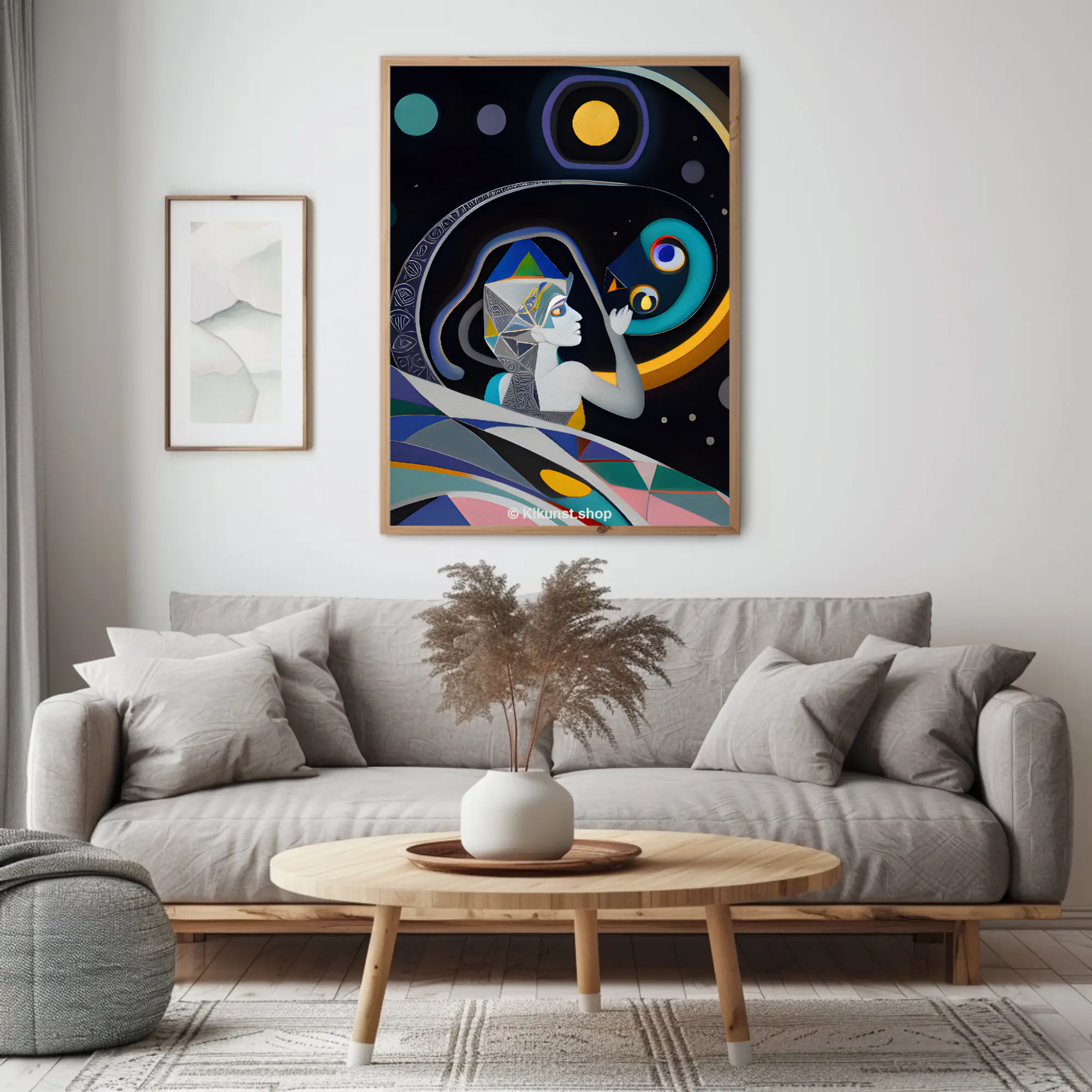 Stilisiertes Kunstmotiv als Fine Art Print über Sofa in modernem Wohnraum