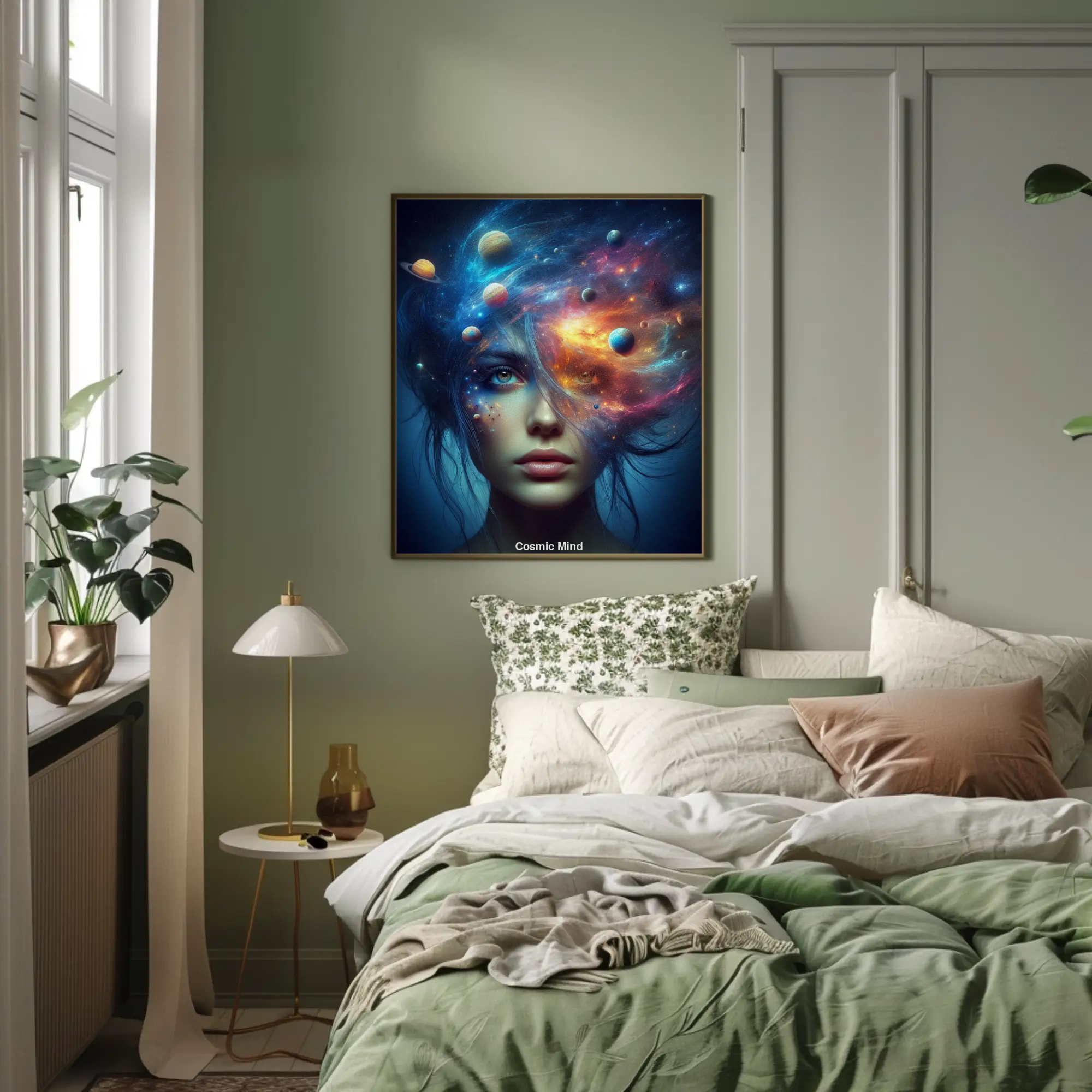 Porträt mit kosmischen Elementen als Fine Art Print in modernem Schlafzimmer