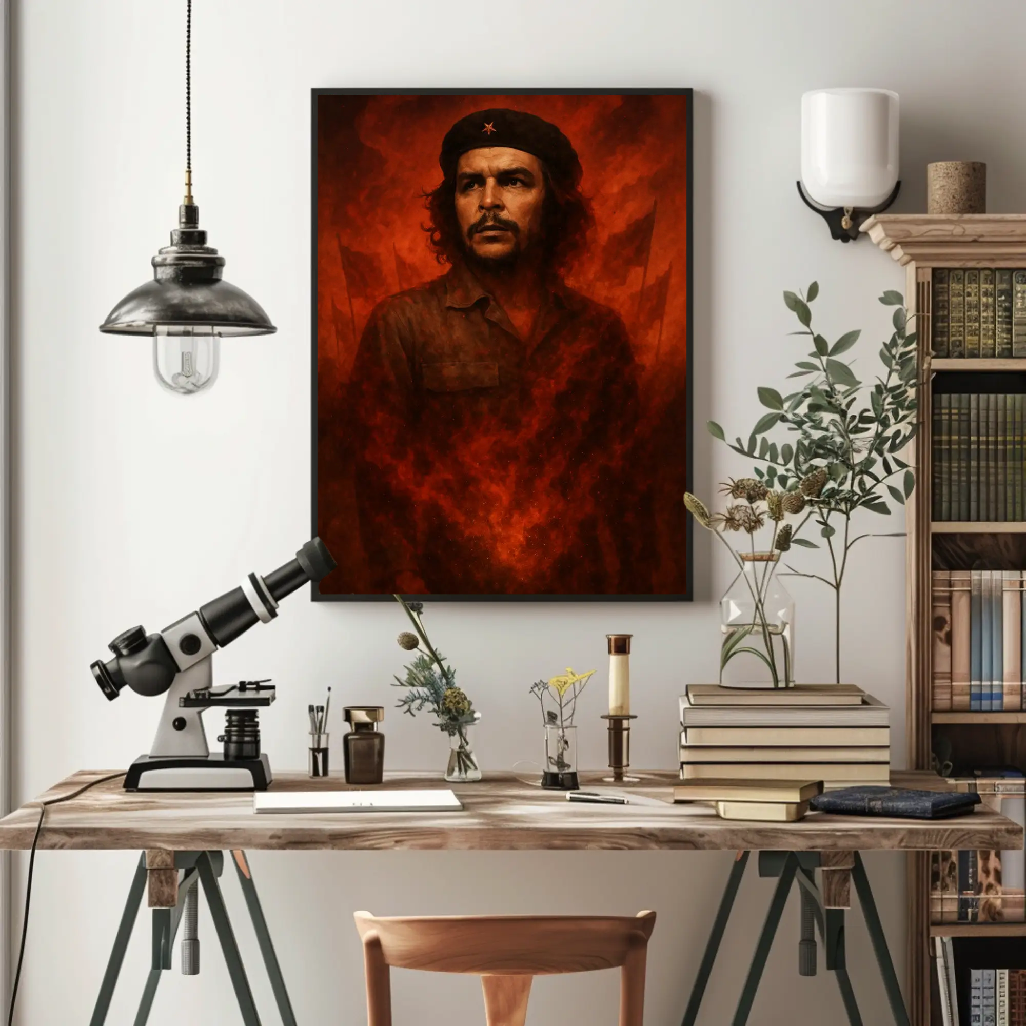 Fine Art Print mit ausdrucksstarkem Männerporträt in roten Rauch- und Flammeneffekten