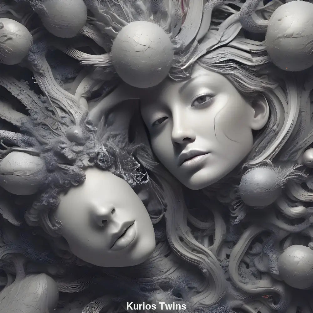 Zwei nebeneinanderliegende Gesichter – eines lebendig, eines maskenhaft – umgeben von organischen Strukturen in surrealer Komposition