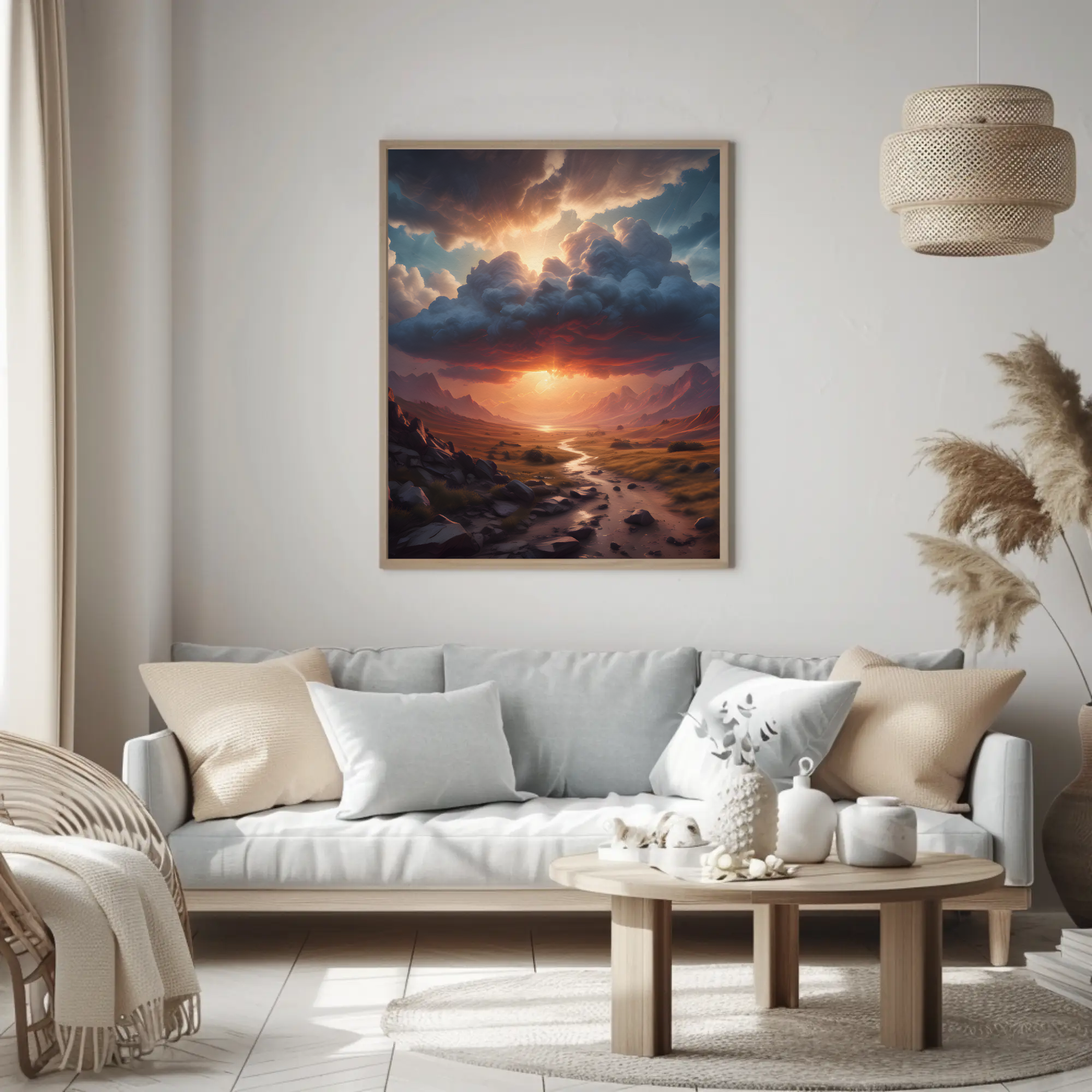 Fine Art Print mit dramatischem Sonnenuntergang über einer weiten Berglandschaft in modernem Wohnraum.