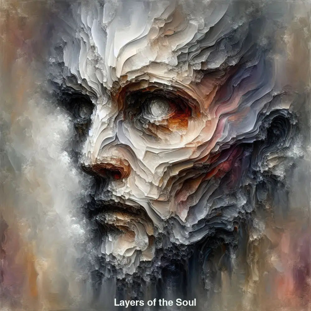 AI Art Porträt mit Schichtstruktur, abstraktem Stil und organischen Formen.