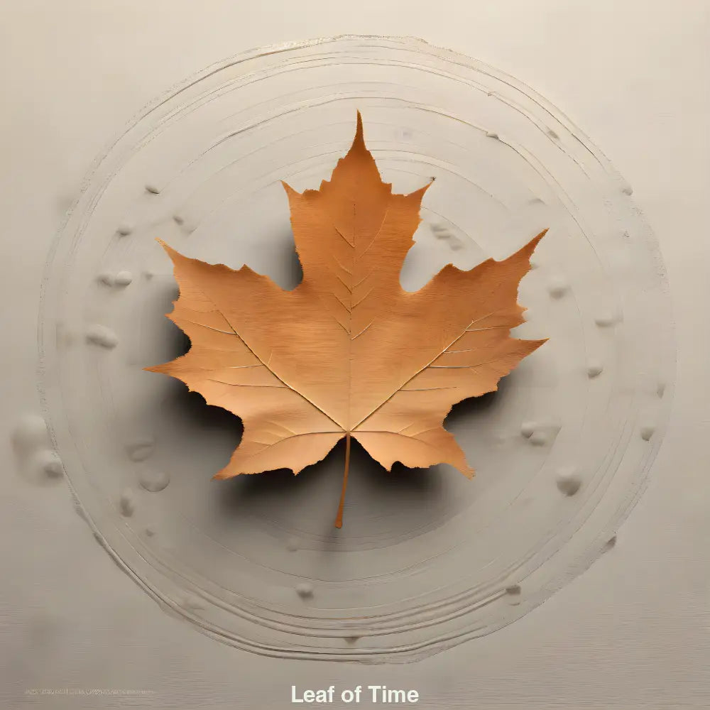 Ein einzelnes Ahornblatt im Zentrum konzentrischer Kreise – minimalistisches KI-Kunstwerk über Natur, Zeit und Vergänglichkeit.