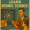 Lehrer erklärt Atommodell an der Tafel – Retro-Wissenschaftsposter im Stil der 50er Jahre mit nostalgischer Bildungsästhetik