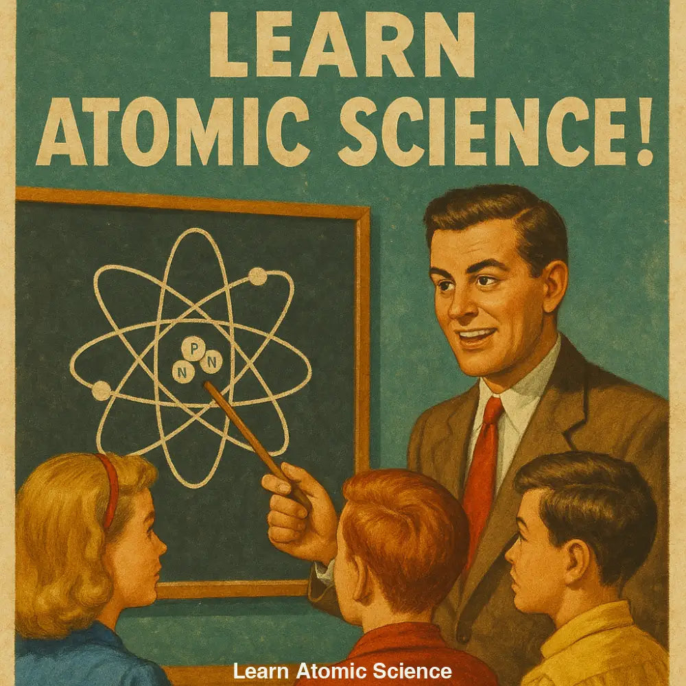 Lehrer erklärt Atommodell an der Tafel – Retro-Wissenschaftsposter im Stil der 50er Jahre mit nostalgischer Bildungsästhetik