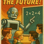 Retro-Roboter unterrichtet Kinder an Tafel – nostalgisches Zukunftsbild mit Lernfreude und Mid-Century-Charme.