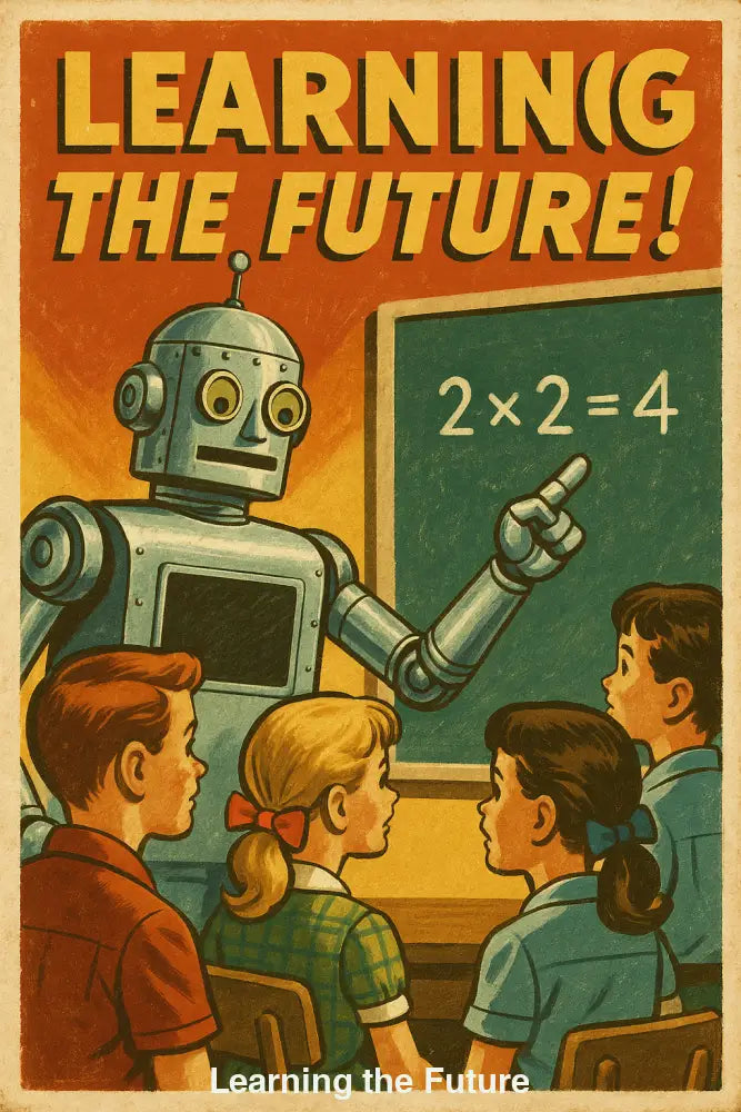 Retro-Roboter unterrichtet Kinder an Tafel – nostalgisches Zukunftsbild mit Lernfreude und Mid-Century-Charme.
