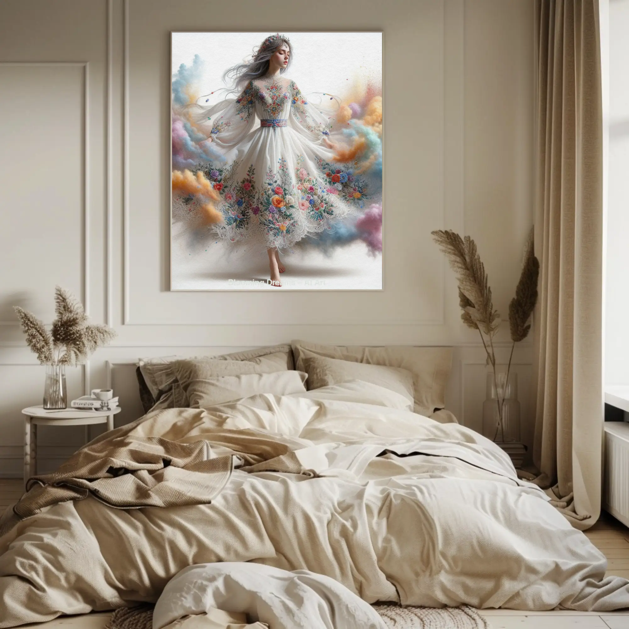 Fine Art Print mit schwebender Frau über Bett in hellem Schlafzimmer