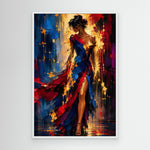 Canvas-Wandbild mit eleganter Frauenfigur und abstrakten Farbstrukturen in Rot, Blau und Gold