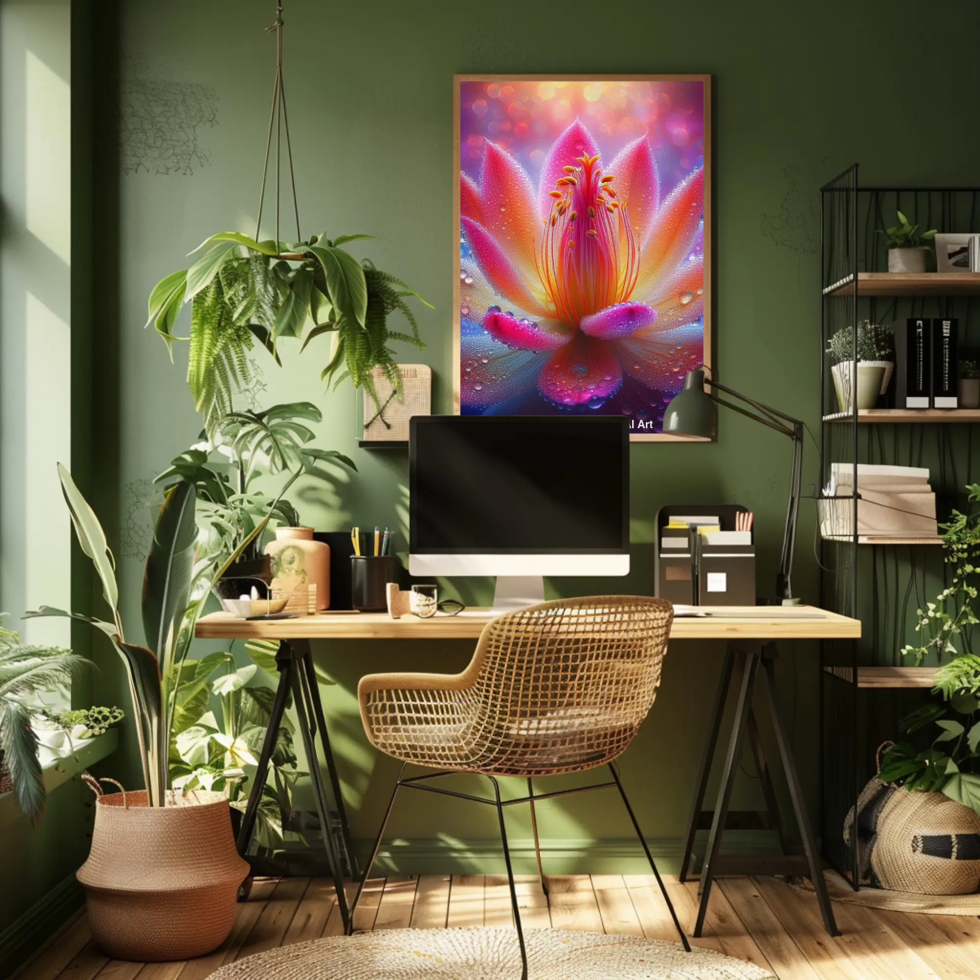 Fine Art Print mit leuchtender Blüte in farbenfrohem Wohnraum mit Pflanzen