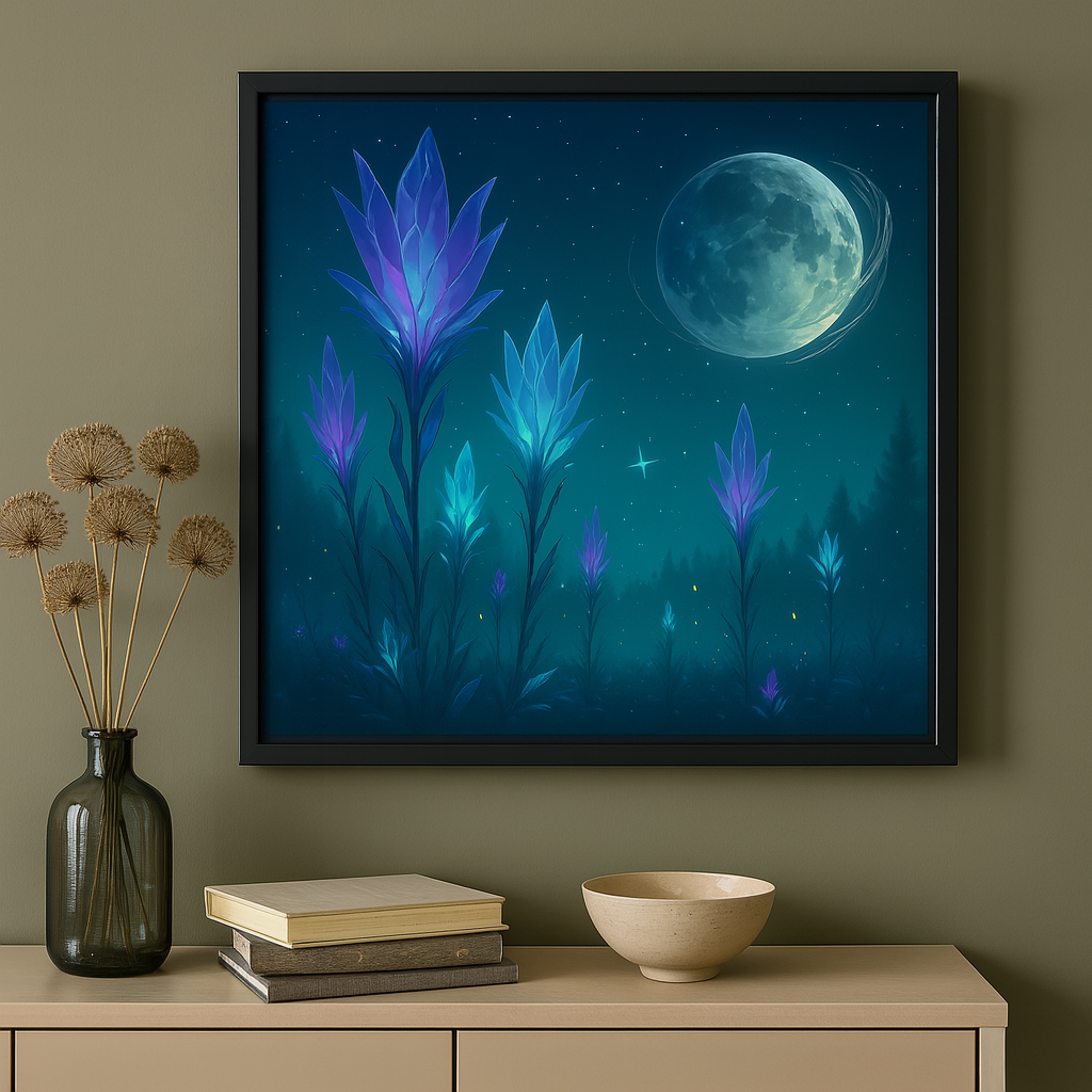 Mystisches Blumenmotiv mit Mondlicht in kühlen Blau- und Türkistönen