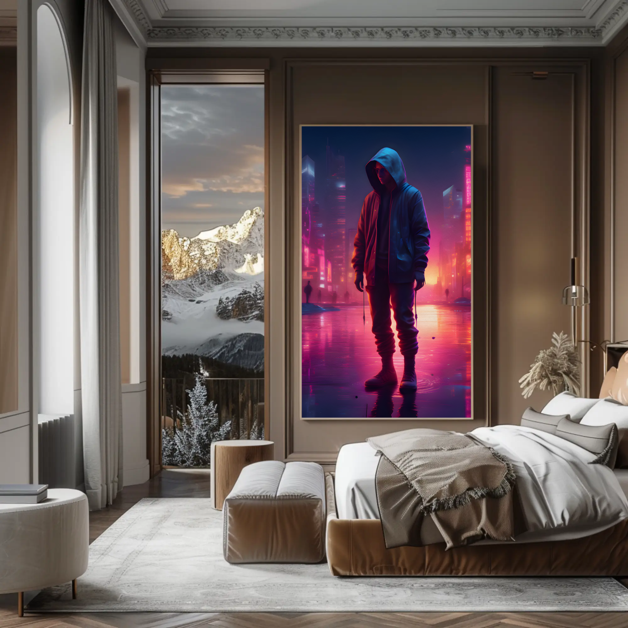 Neonfarbener Fine Art Print mit futuristischer Stadtfigur über modernem Schlafzimmer