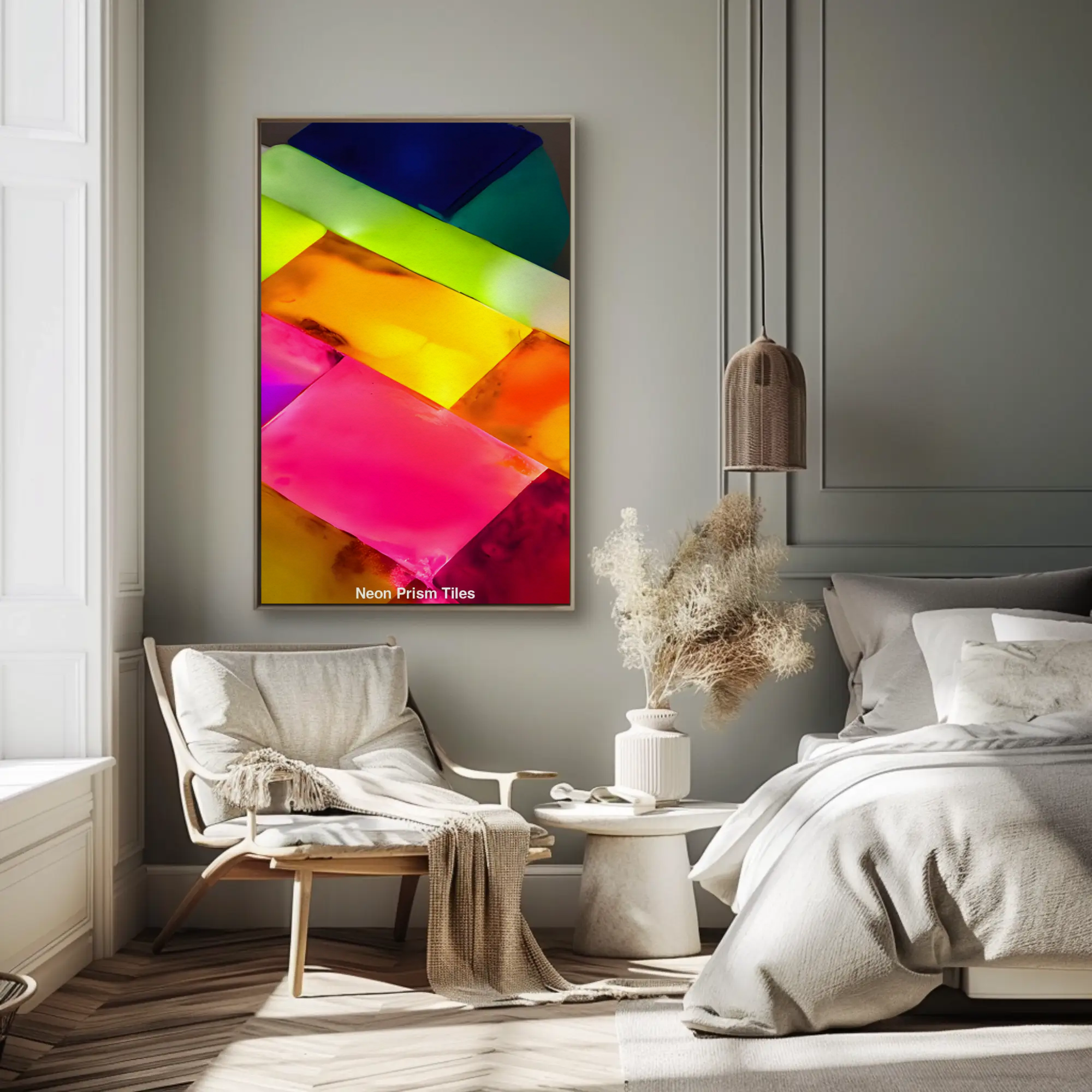Geometrischer Fine Art Print mit leuchtenden Neonfarben in modernem Wohnambiente
