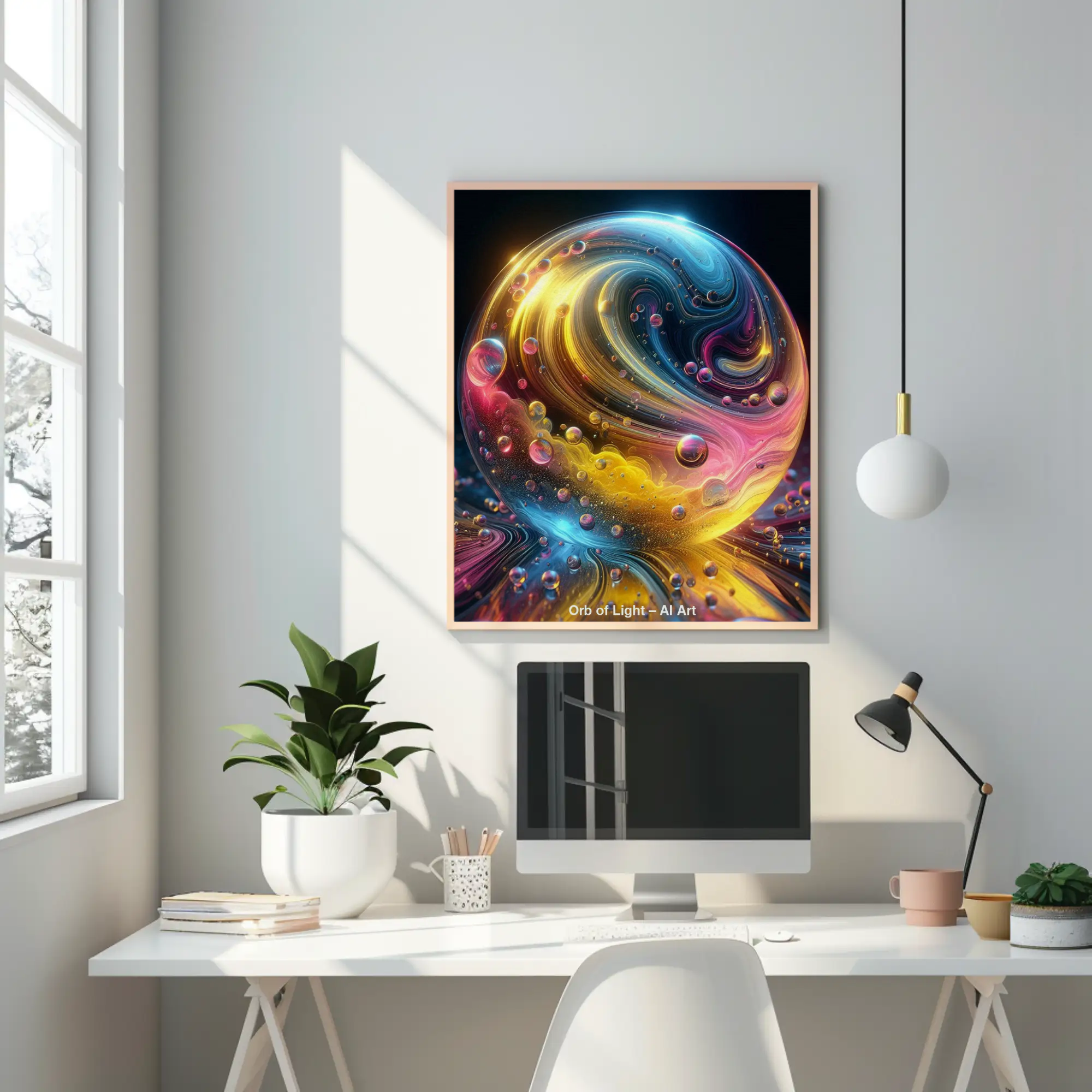 Abstrakte farbintensive Kugelform als Fine Art Print in modernem Wohnraum