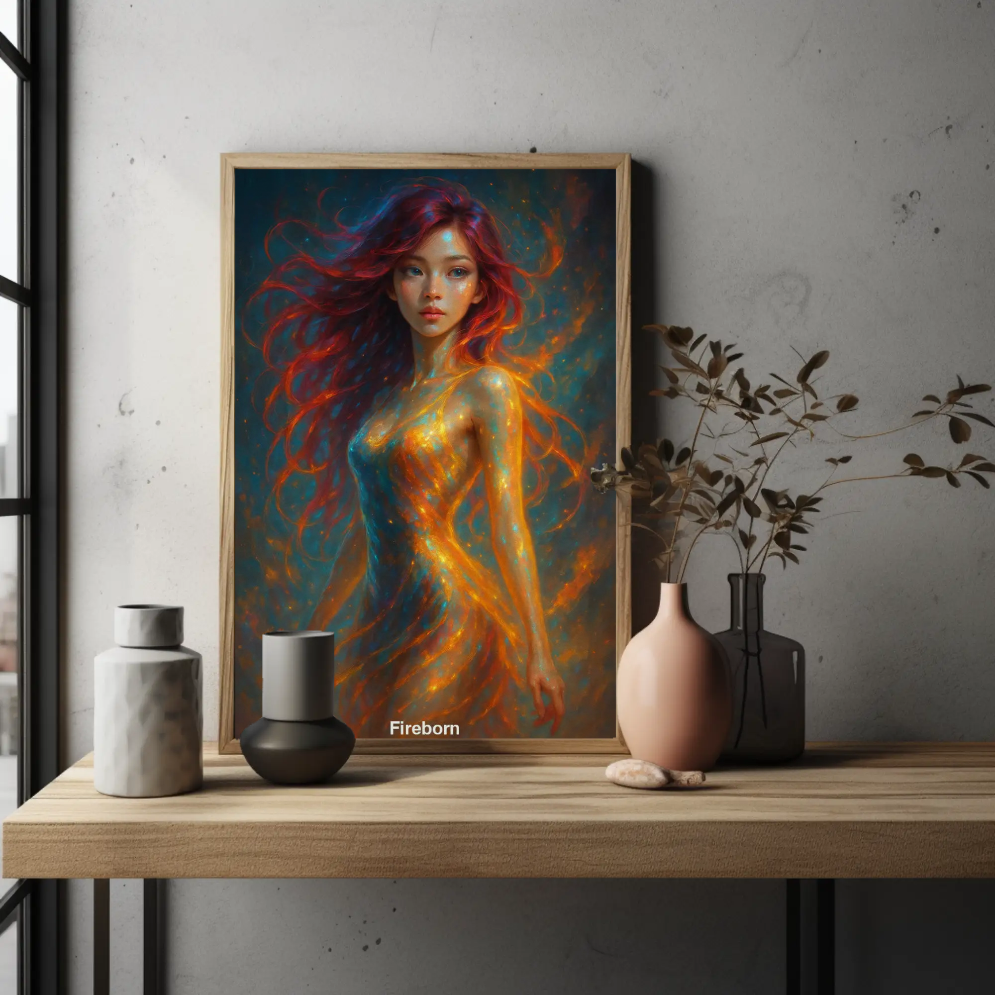 Kunstwerk mit leuchtender Figur aus warmen Farben im modernen Raum