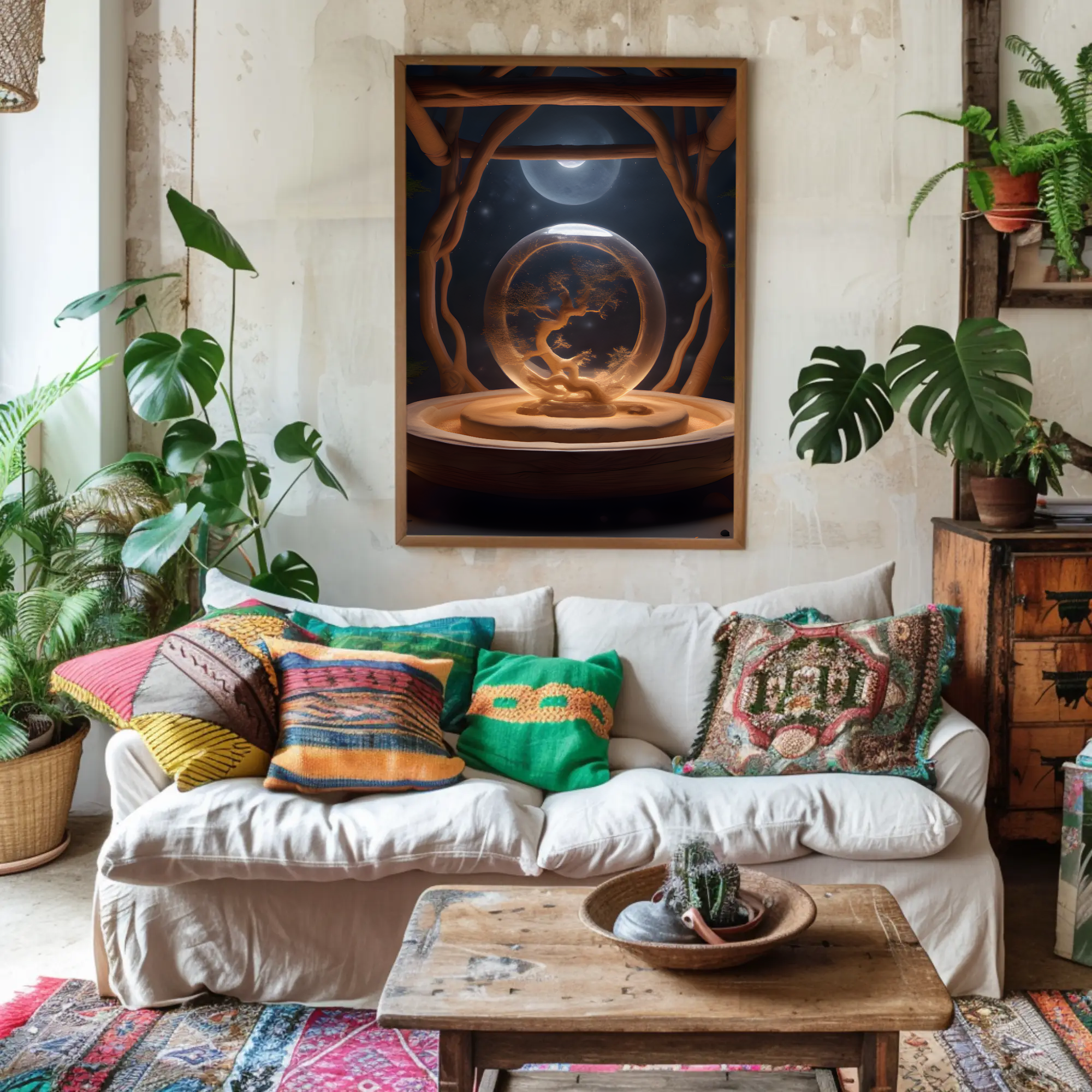 Abstrakter Fine Art Print mit leuchtender Kugel und warmen Goldtönen im Wohnraum