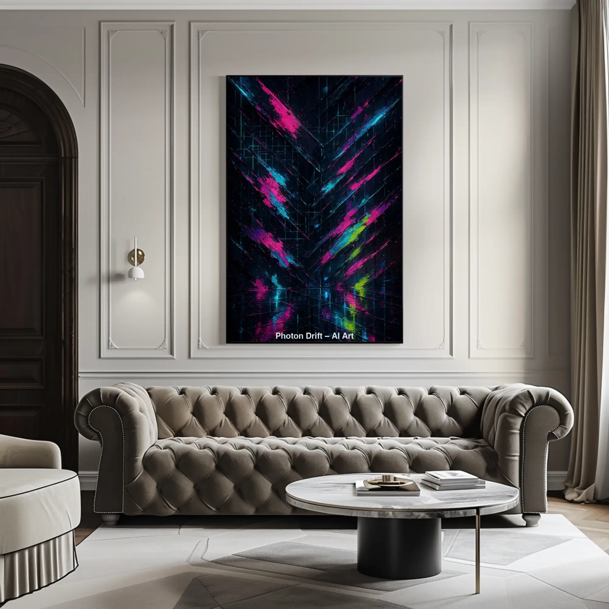 Abstrakter Fine Art Print mit leuchtenden Lichtbahnen in Blau und Magenta