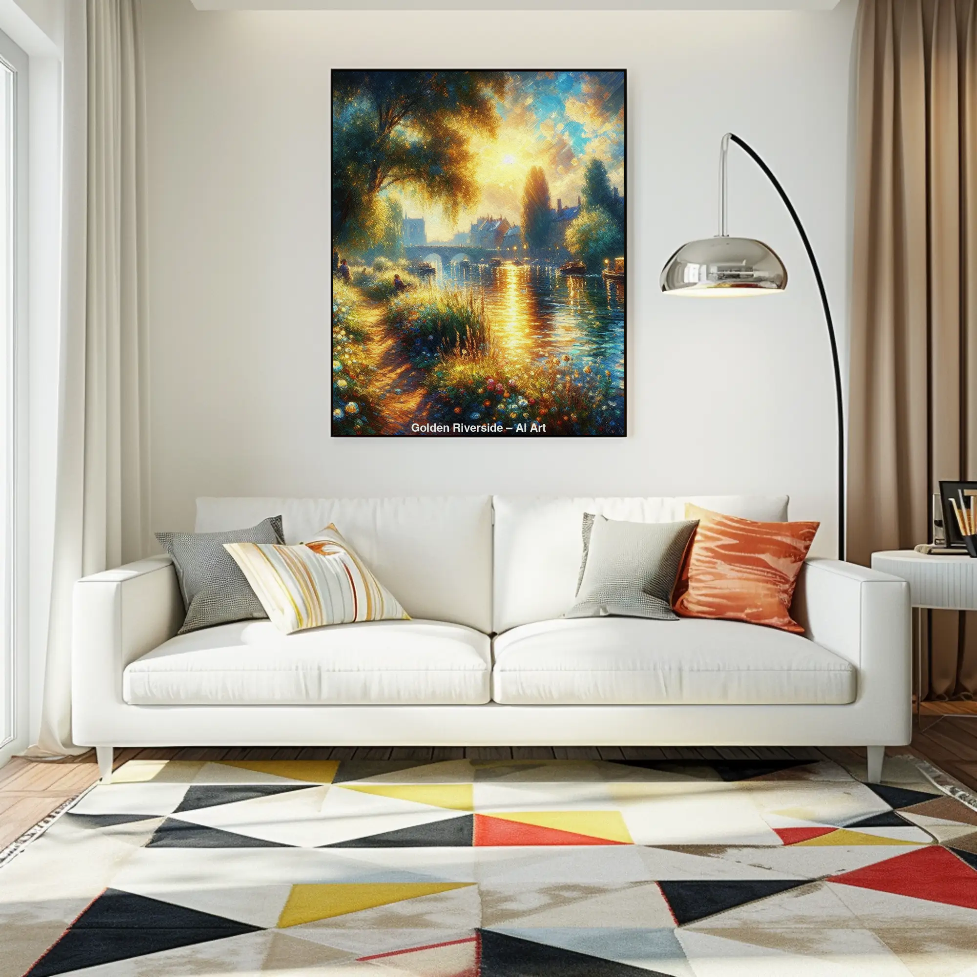 Abstrakte Flusslandschaft mit goldenen Lichtreflexen auf Wasseroberfläche