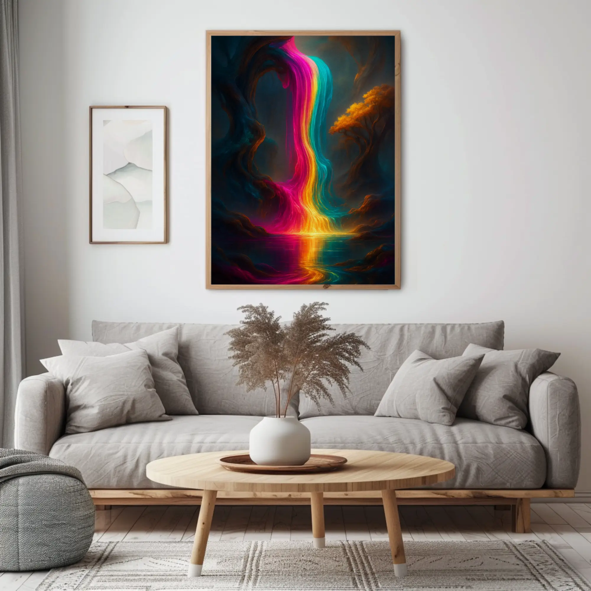 Abstrakter Fine Art Print mit neonfarbenem Lichtstrom und dynamischer Farbwirkung über einem Sofa