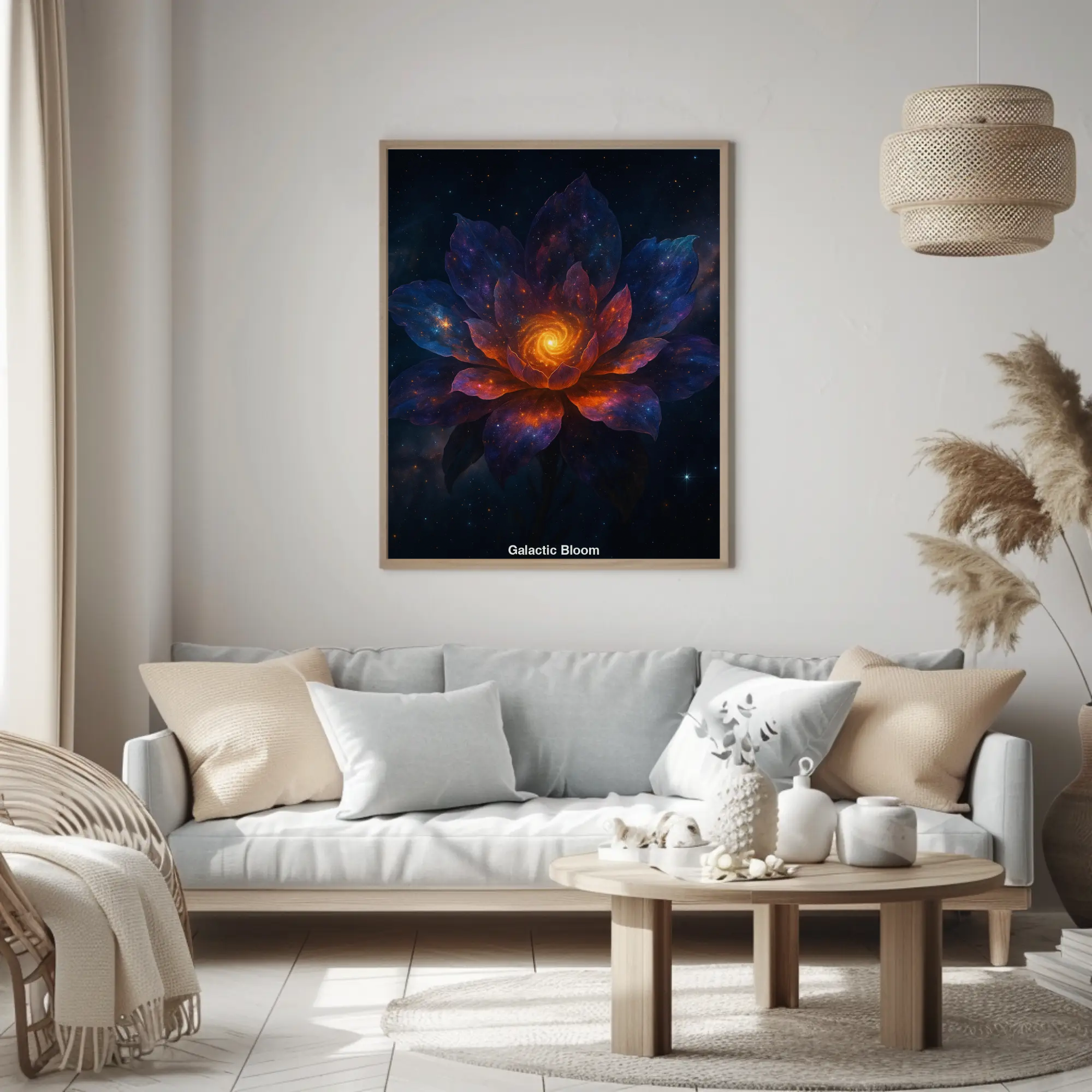 Abstrakte leuchtende Blüte in dunklen Farben als Wandbild im Wohnzimmer