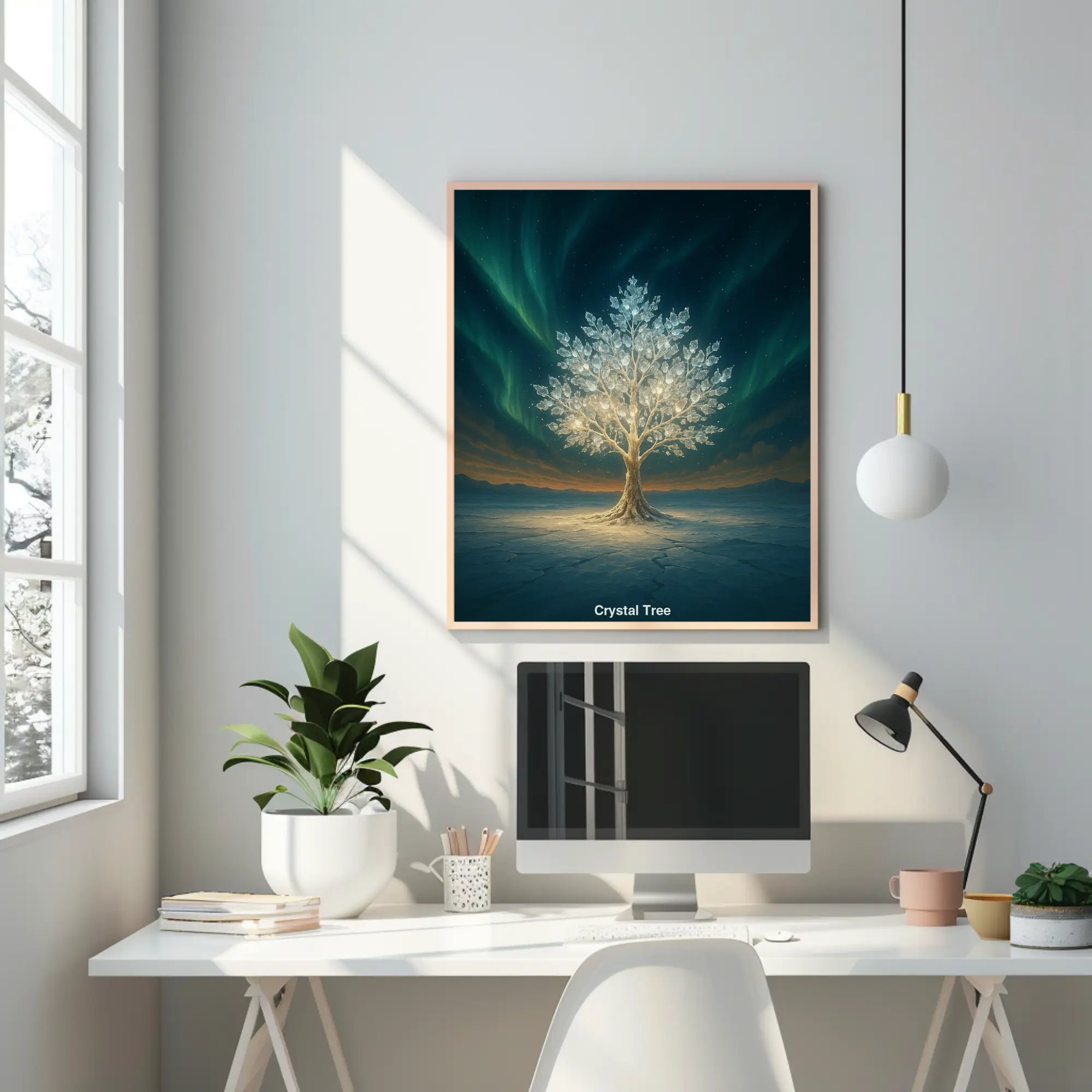 Leuchtender Baum als Fine Art Print in hellem minimalistischen Wohnraum