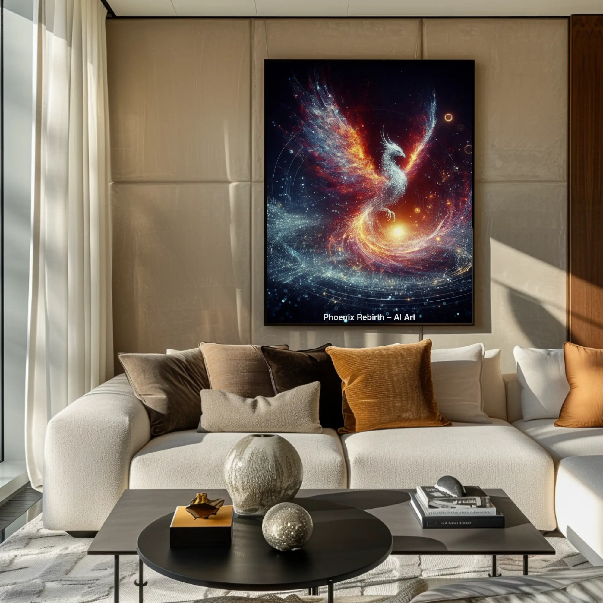 Fine Art Print mit aufsteigendem Phönix in leuchtenden Rot- und Blautönen