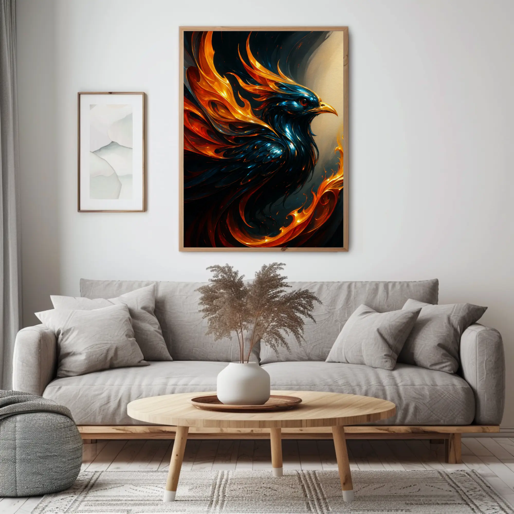 Flammenvogel mit leuchtenden Farben als Wandbild im modernen Wohnraum