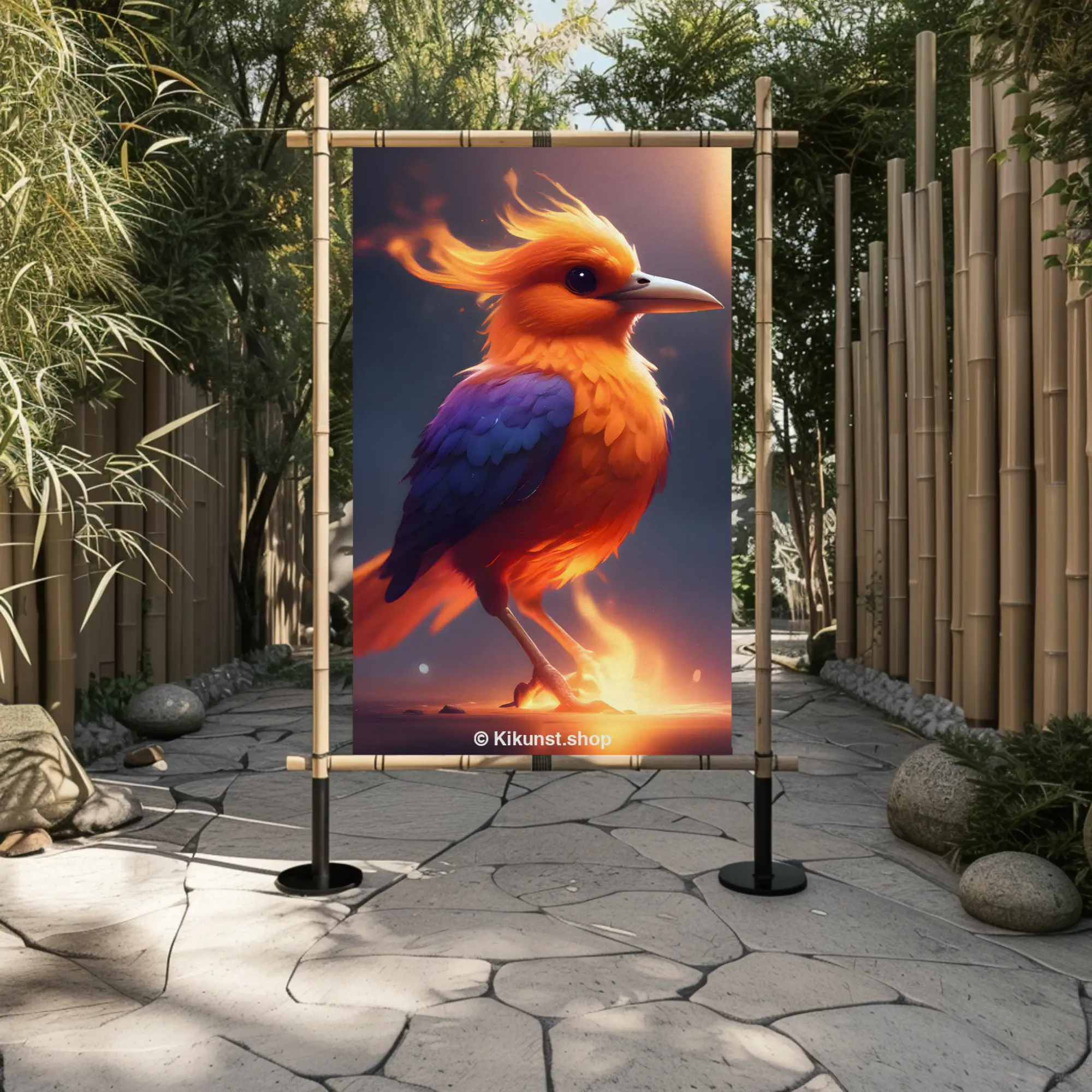 Farbenstarkes Kunstwerk mit leuchtendem Vogel und warmem Licht.