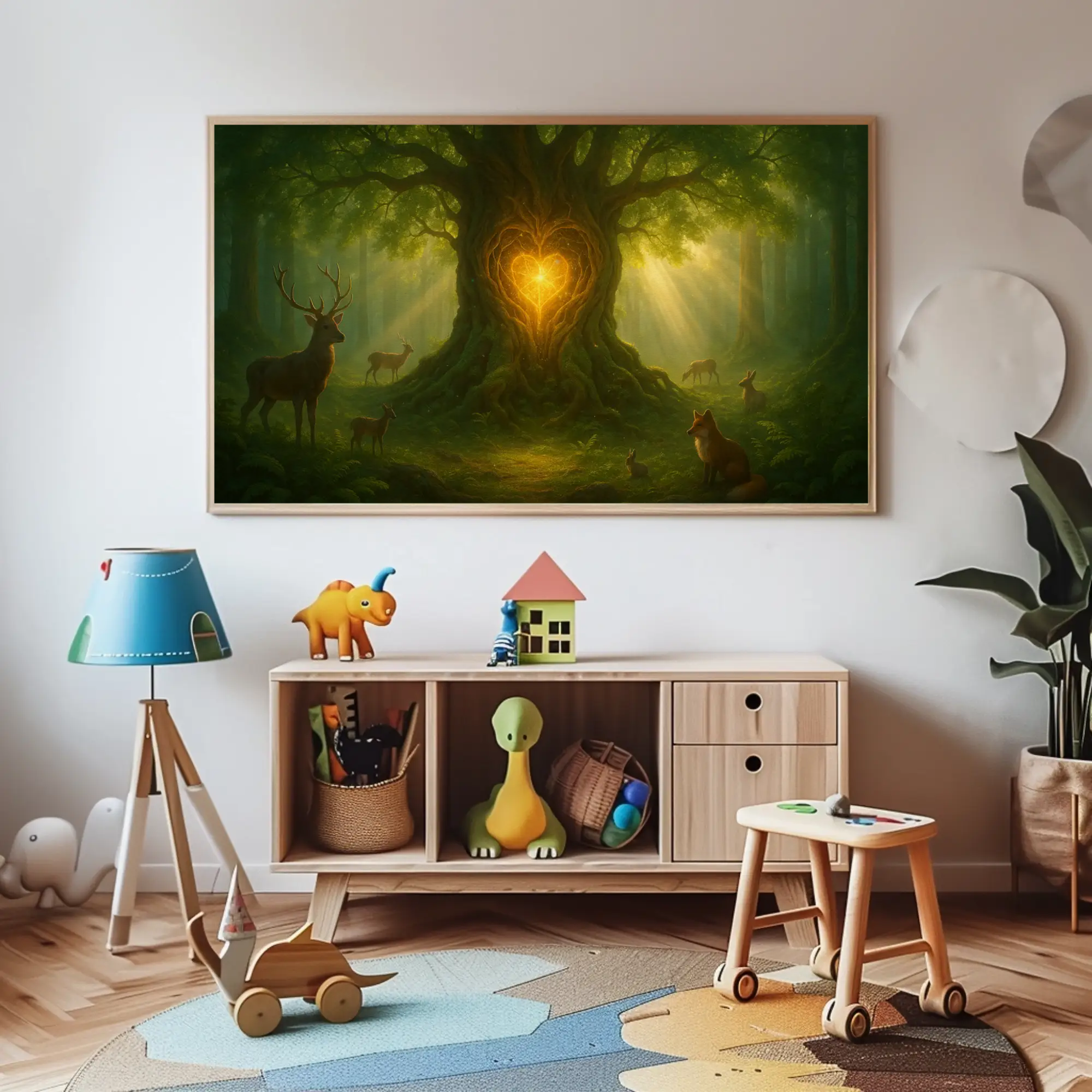 Waldszene mit warm leuchtendem Licht im Zentrum und weichen Grüntönen