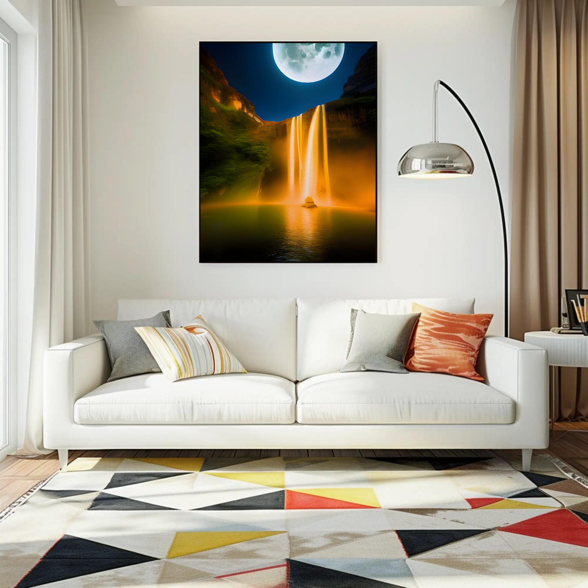 Surrealer Wasserfall mit Mondlicht und goldenen Lichtreflexen