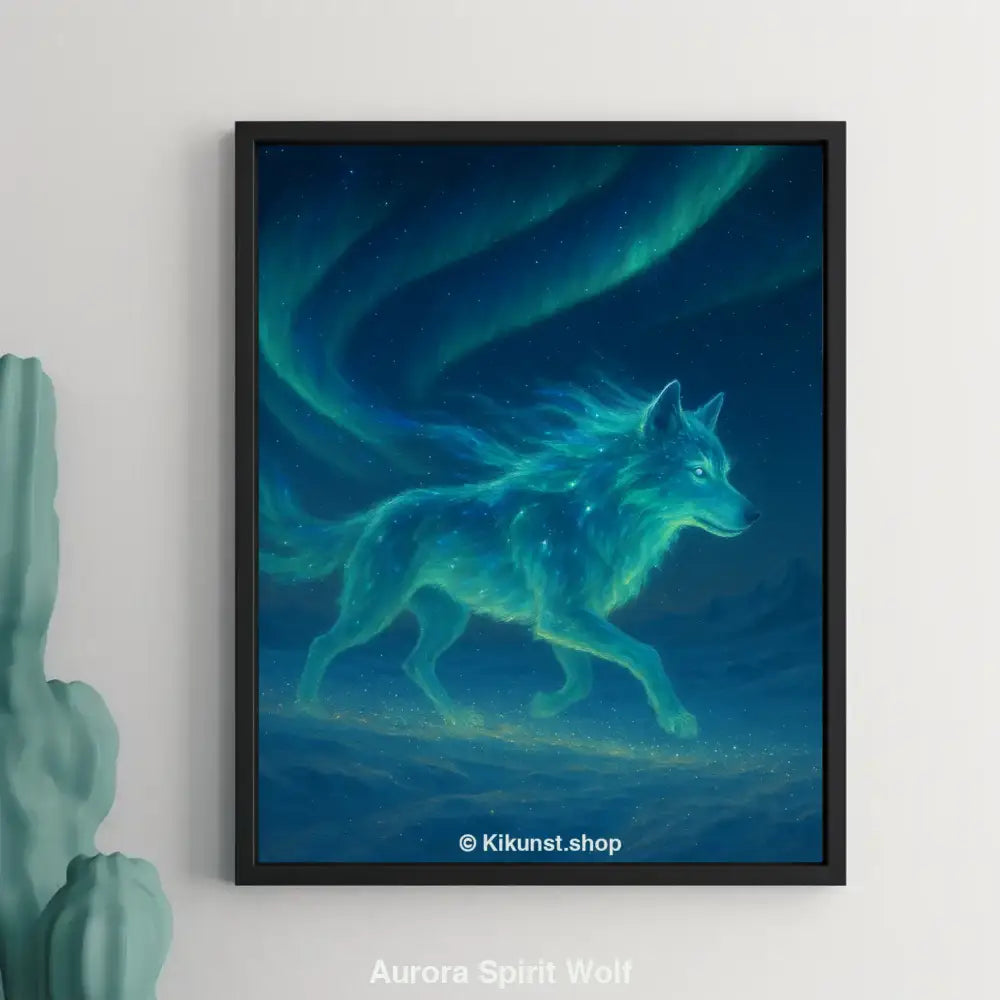 Fine Art Print mit leuchtendem Wolf in Blautönen an Wand in modernem Wohnraum