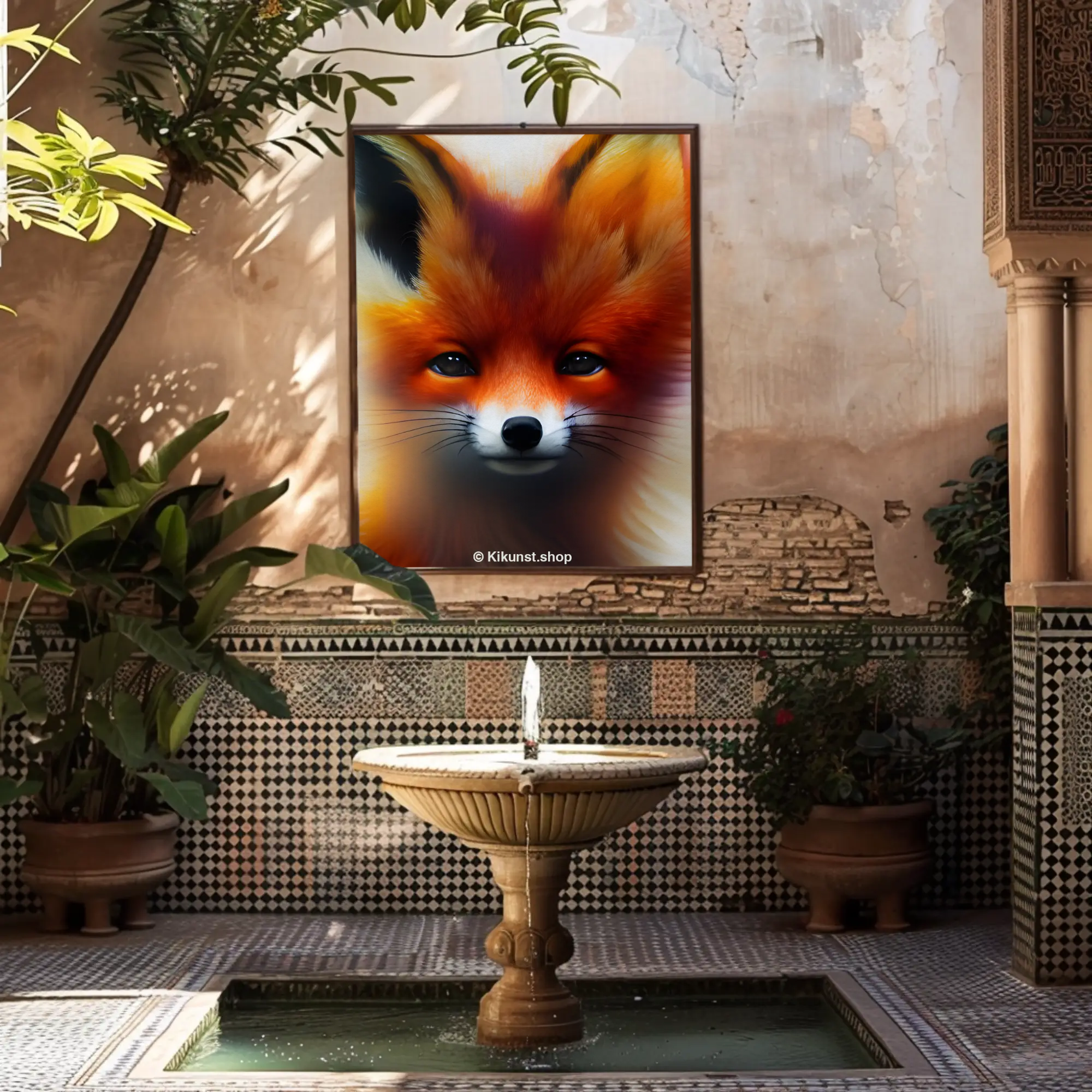 Kleiner leuchtender Fuchs in warmen Orangefarben als Wandbild