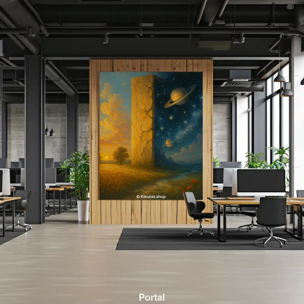 Fine Art Print mit strahlendem Lichtportal in einer atmosphärischen Landschaft im Wohnraum
