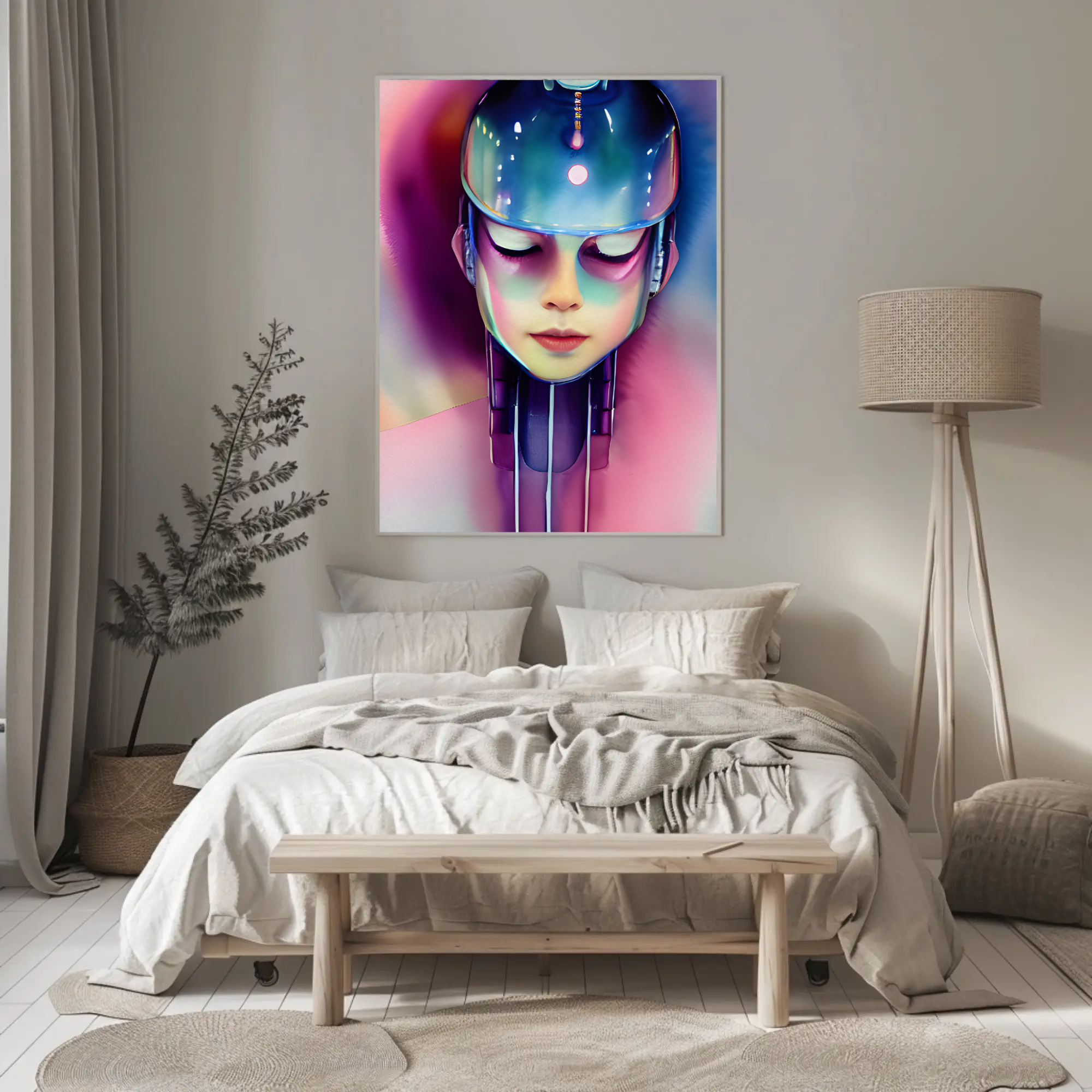 Farbintensiver Fine Art Print mit leuchtendem Frauenporträt im Schlafzimmer