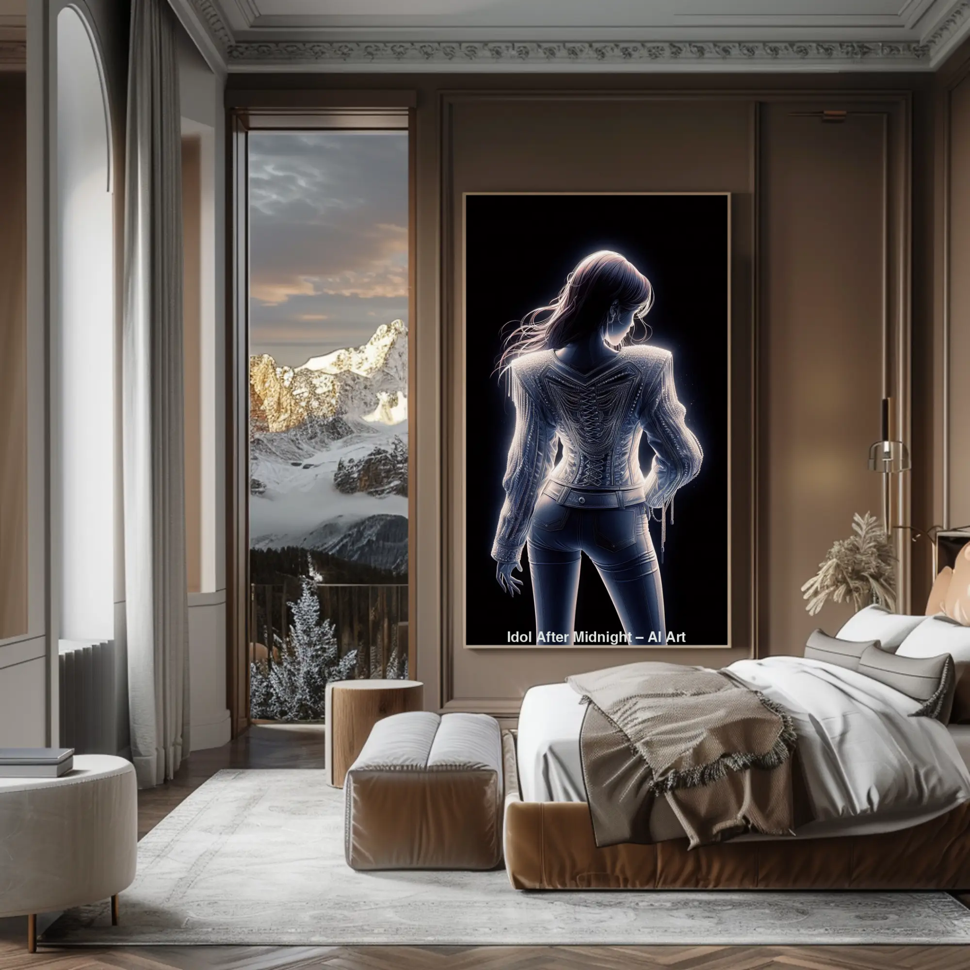 Modernes Fine Art Print mit leuchtender Figur über einem Bett in stilvoll eingerichtetem Schlafzimmer.