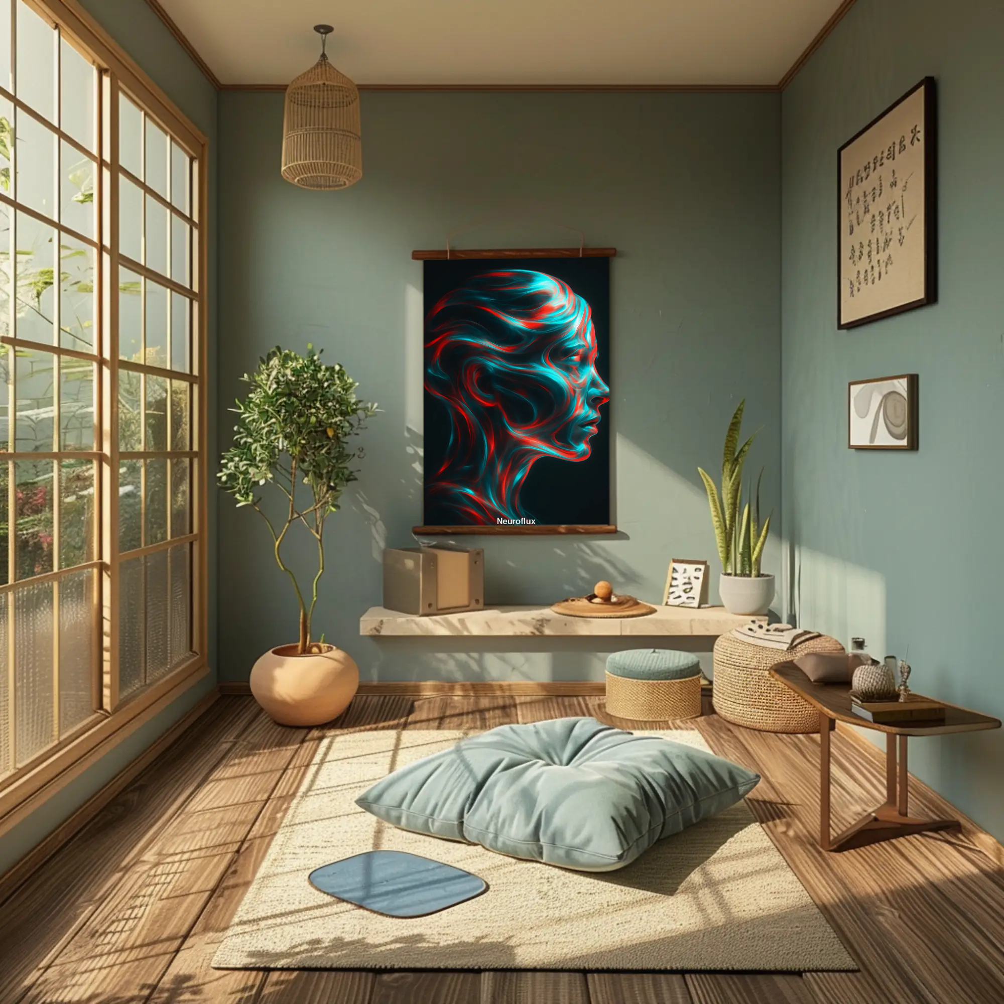 Moderner Fine Art Print mit leuchtendem Profilporträt über stilvoller Einrichtung