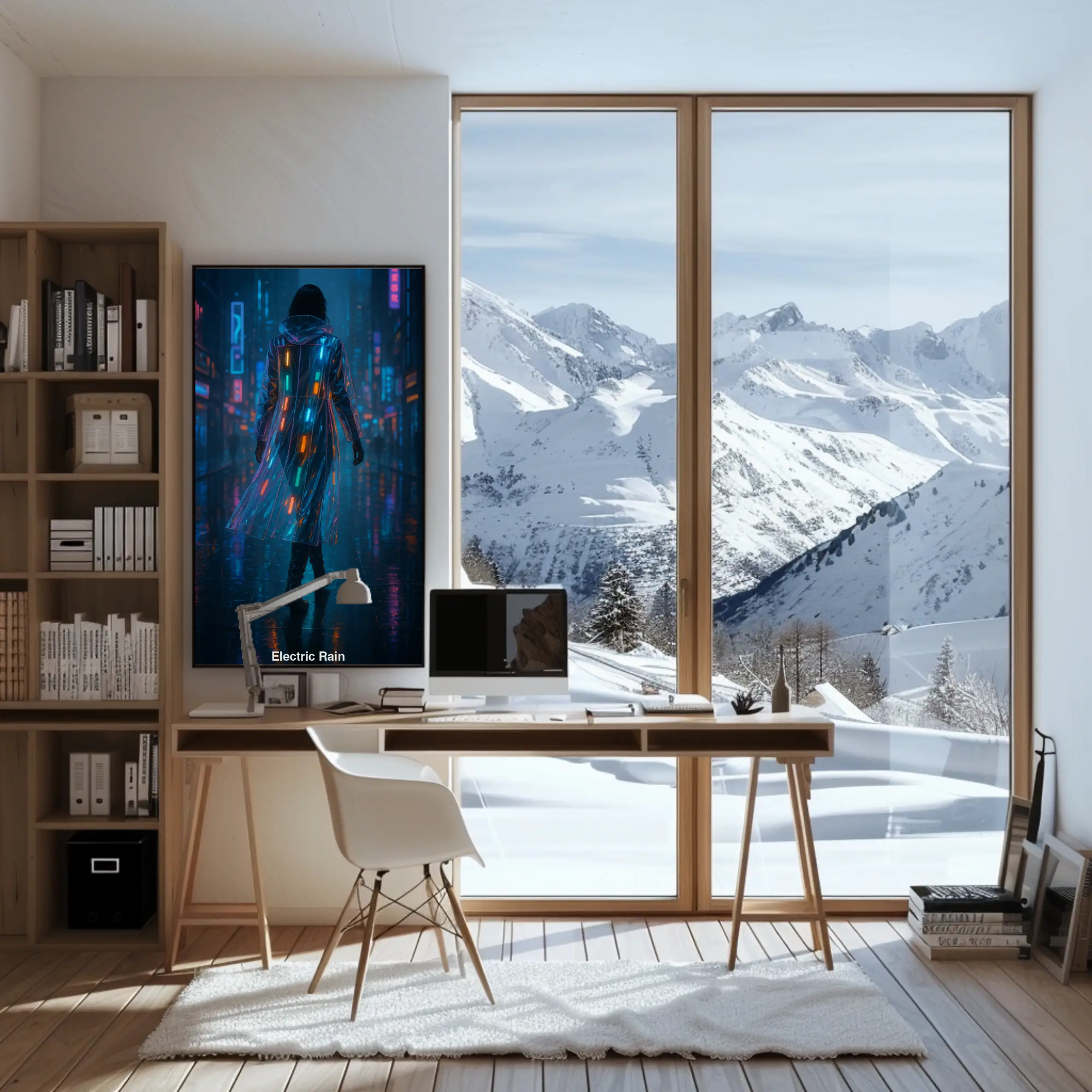 Modernes Kunstwerk mit Regen und Licht in stilvoller Umgebung