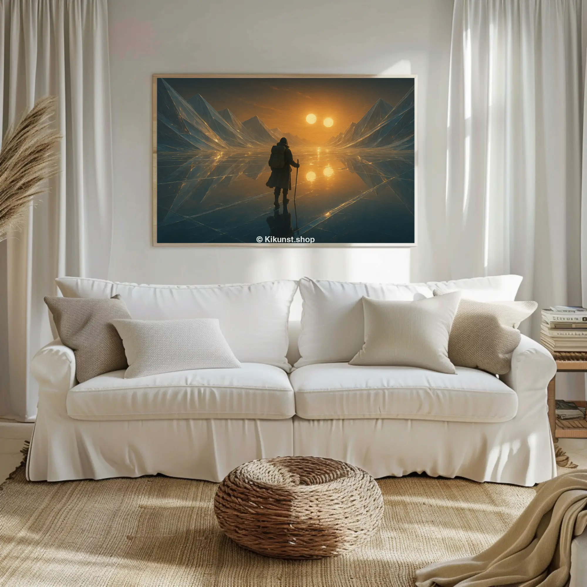 Figur in hellem Raum mit Spiegelungen und warmem Licht