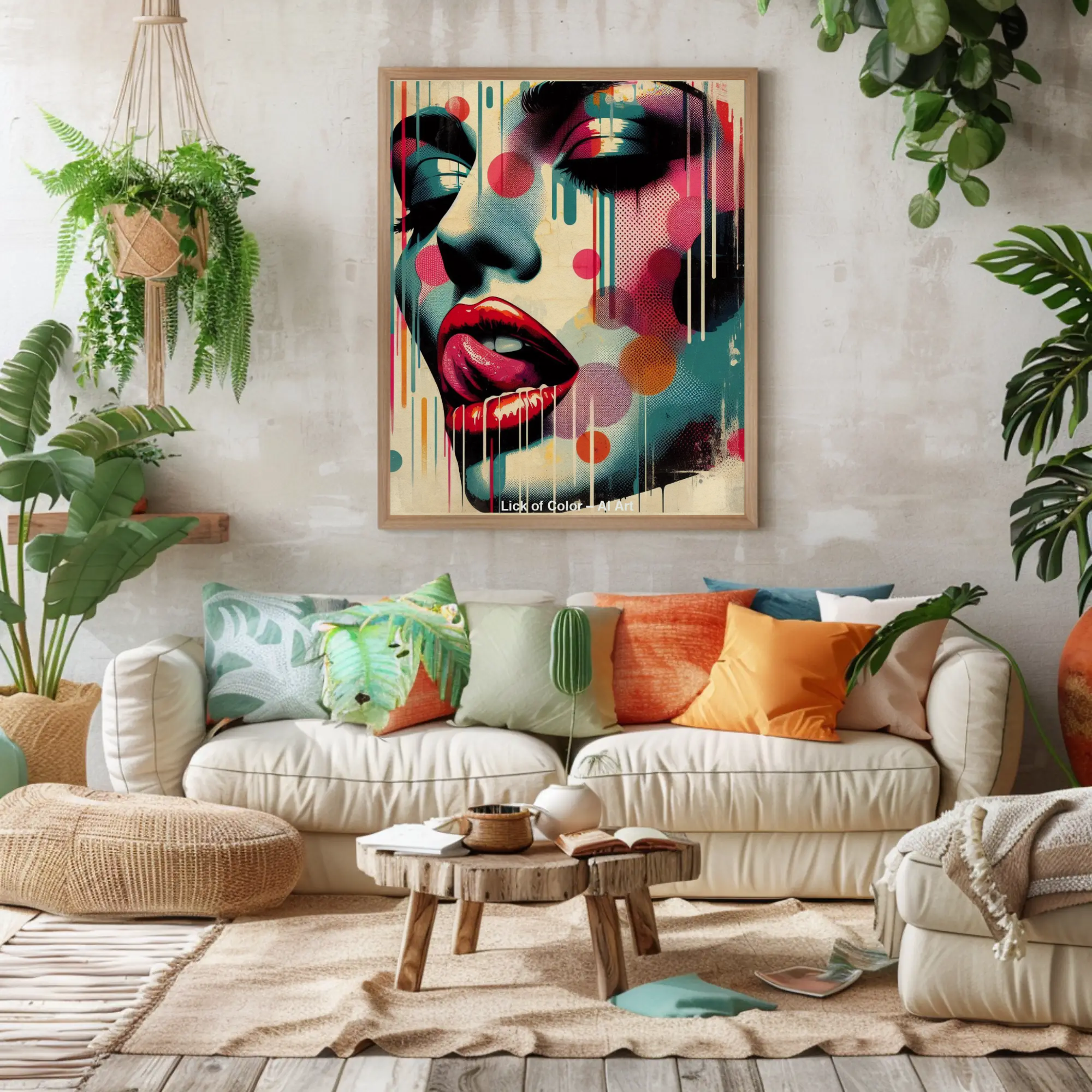 Mockup von Lick of Color – AI Art, pop-art Porträt mit roten Lippen, Farbtropfen und kräftigen Farben.