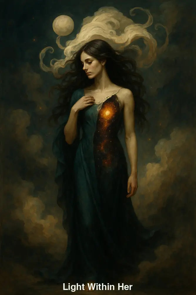 Frau mit geöffnetem Brustbereich, darin eine Galaxie – Symbol für innere Kraft, Seele und kosmisches Licht.