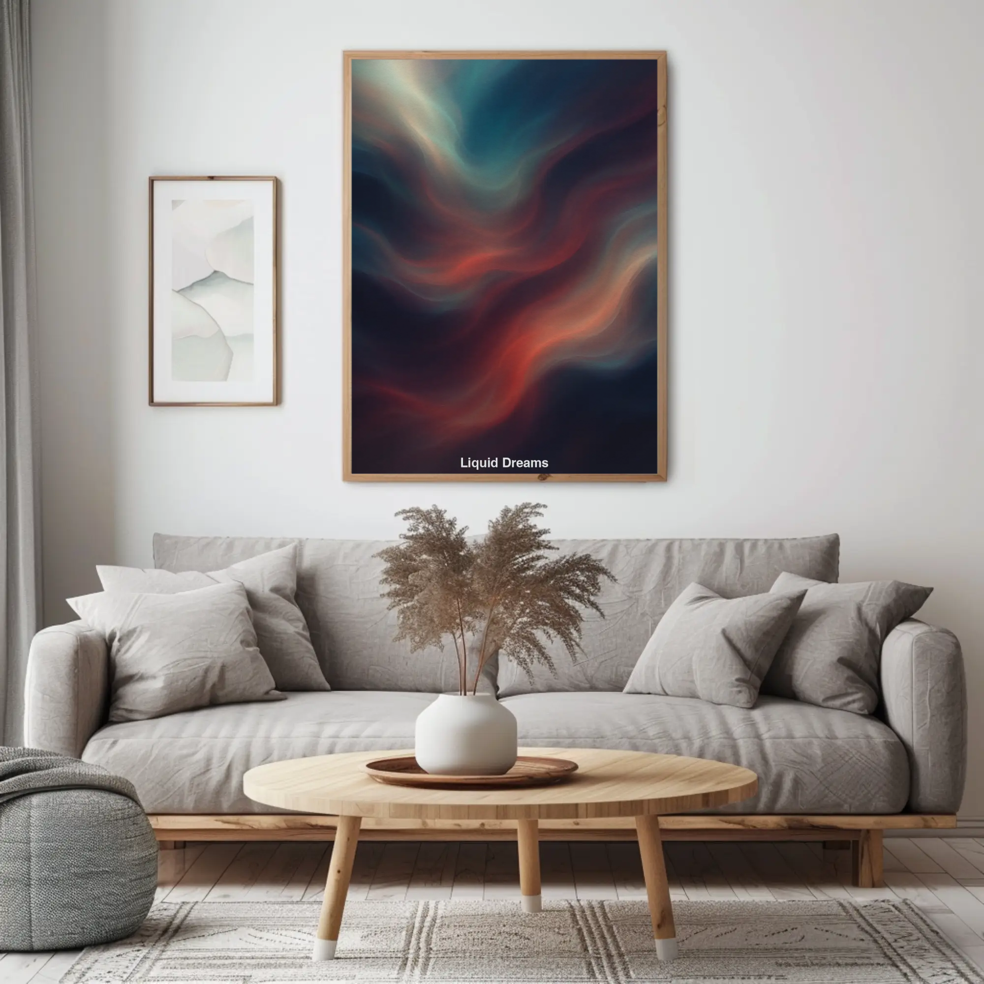 „Liquid Dreams“ als abstrakter AI Print – fließende Farbkomposition in Rot, Blau und Licht