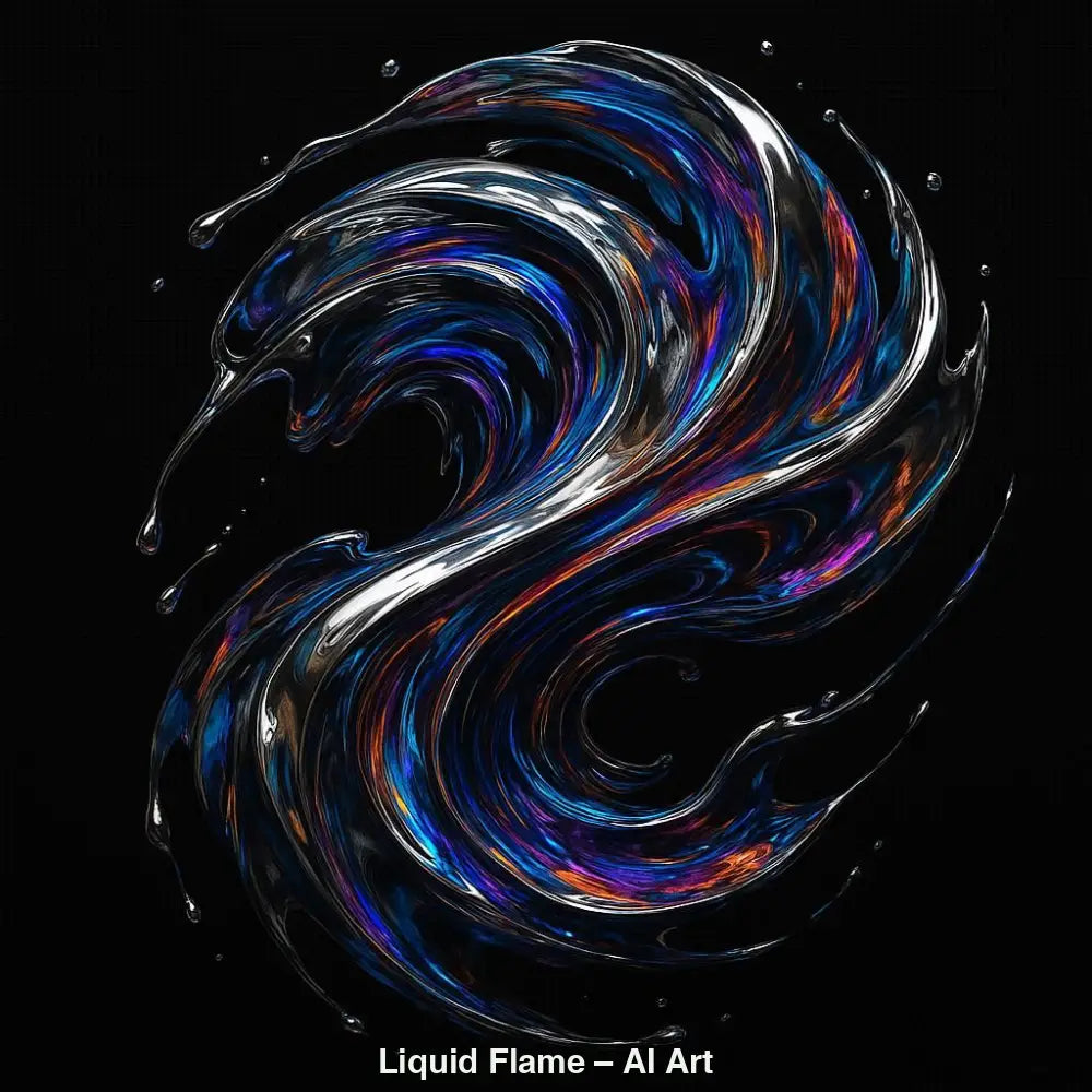 AI-Art mit flüssiger, abstrakter Form in Blau, Violett und Orange auf schwarzem Hintergrund.