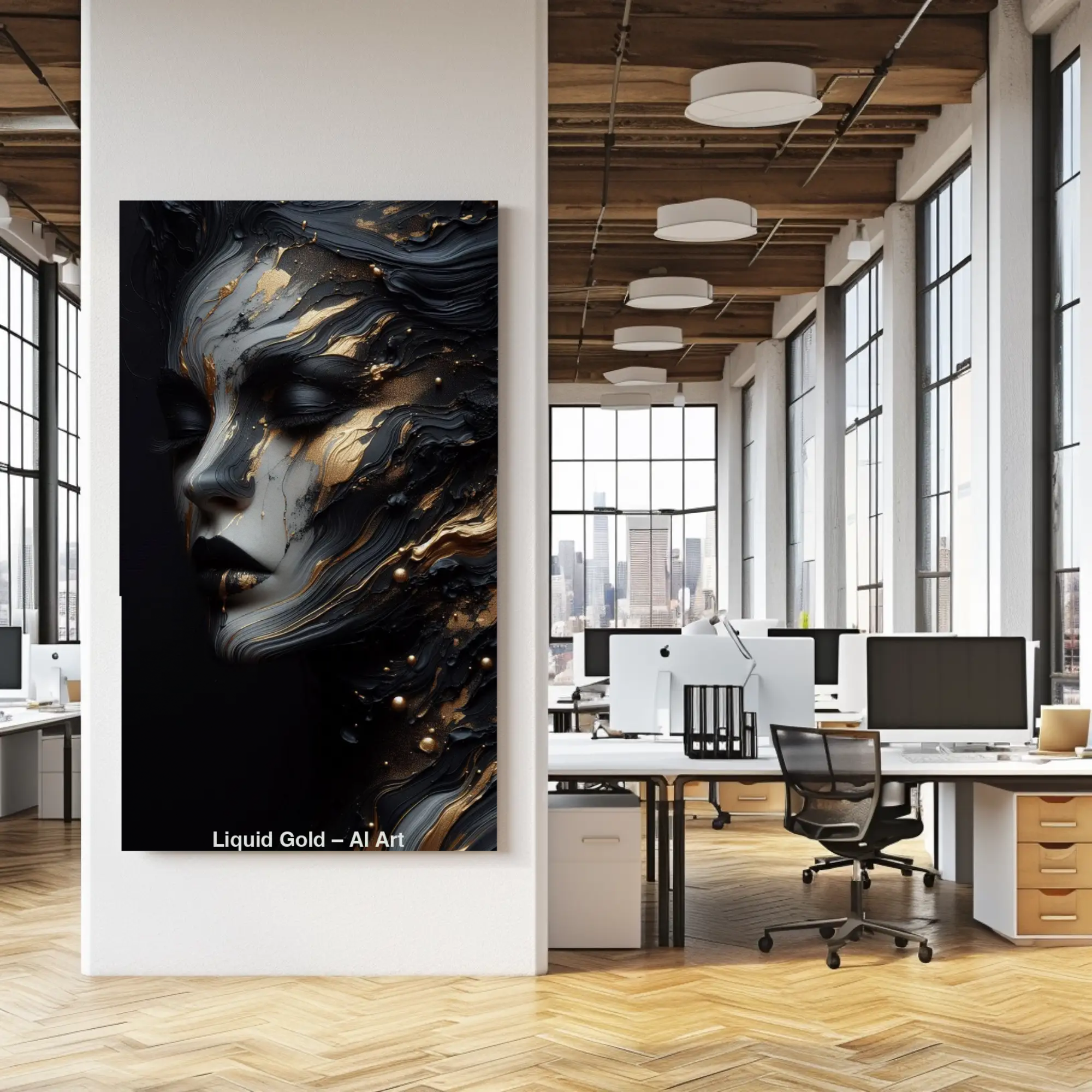 Mockup von Liquid Gold – AI Art, abstraktes Porträt mit goldenen und schwarzen Farbschichten in fließender Bewegung.