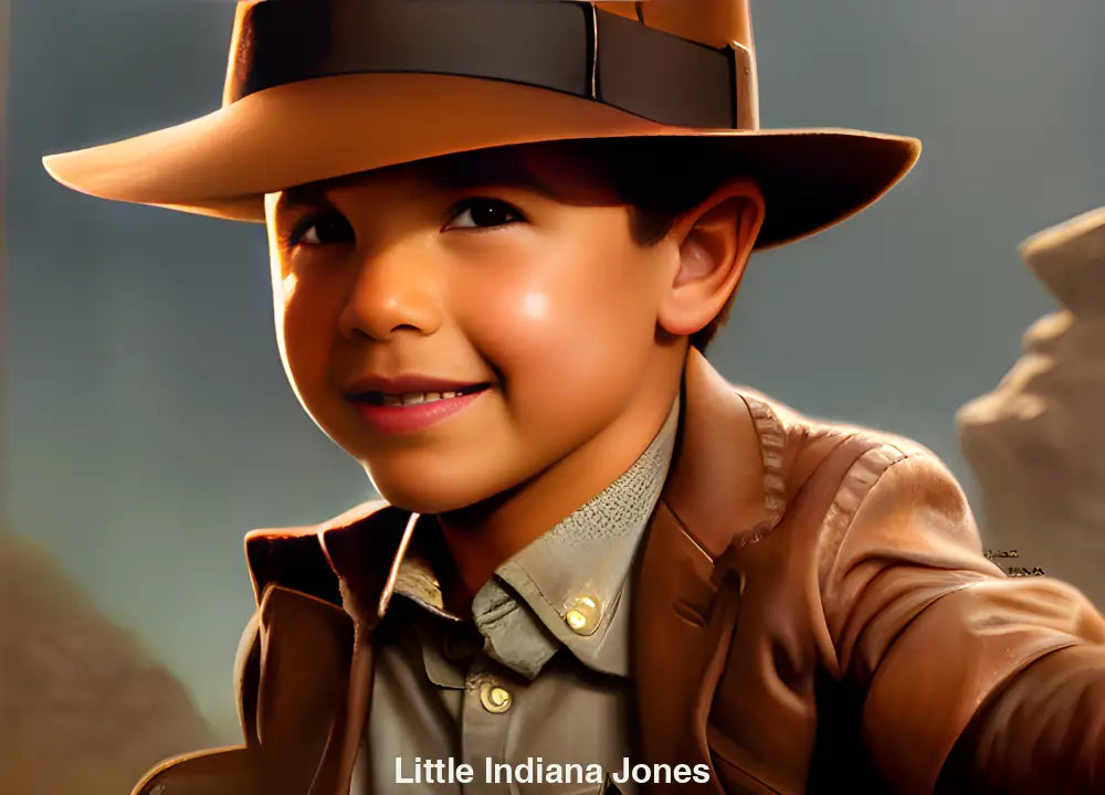 Kleiner Junge im Indiana-Jones-Stil mit Hut und Lederjacke – ein charmantes KI-Bild voller kindlicher Abenteuerlust und Fantasie.