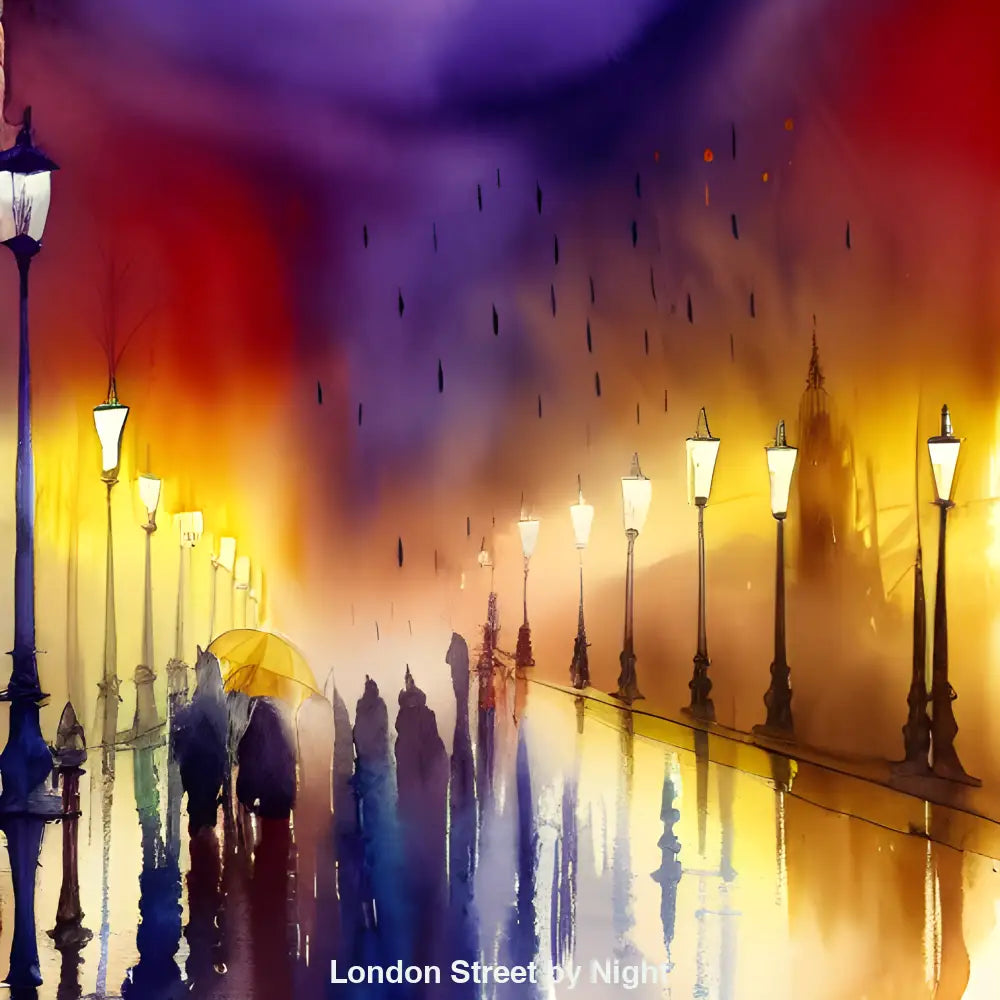 Nasse Londoner Straße bei Nacht mit Lichtern, Regenschirmen und farbenfrohen Reflexionen – stimmungsvolles KI-Kunstwerk im Aquarell-Stil.