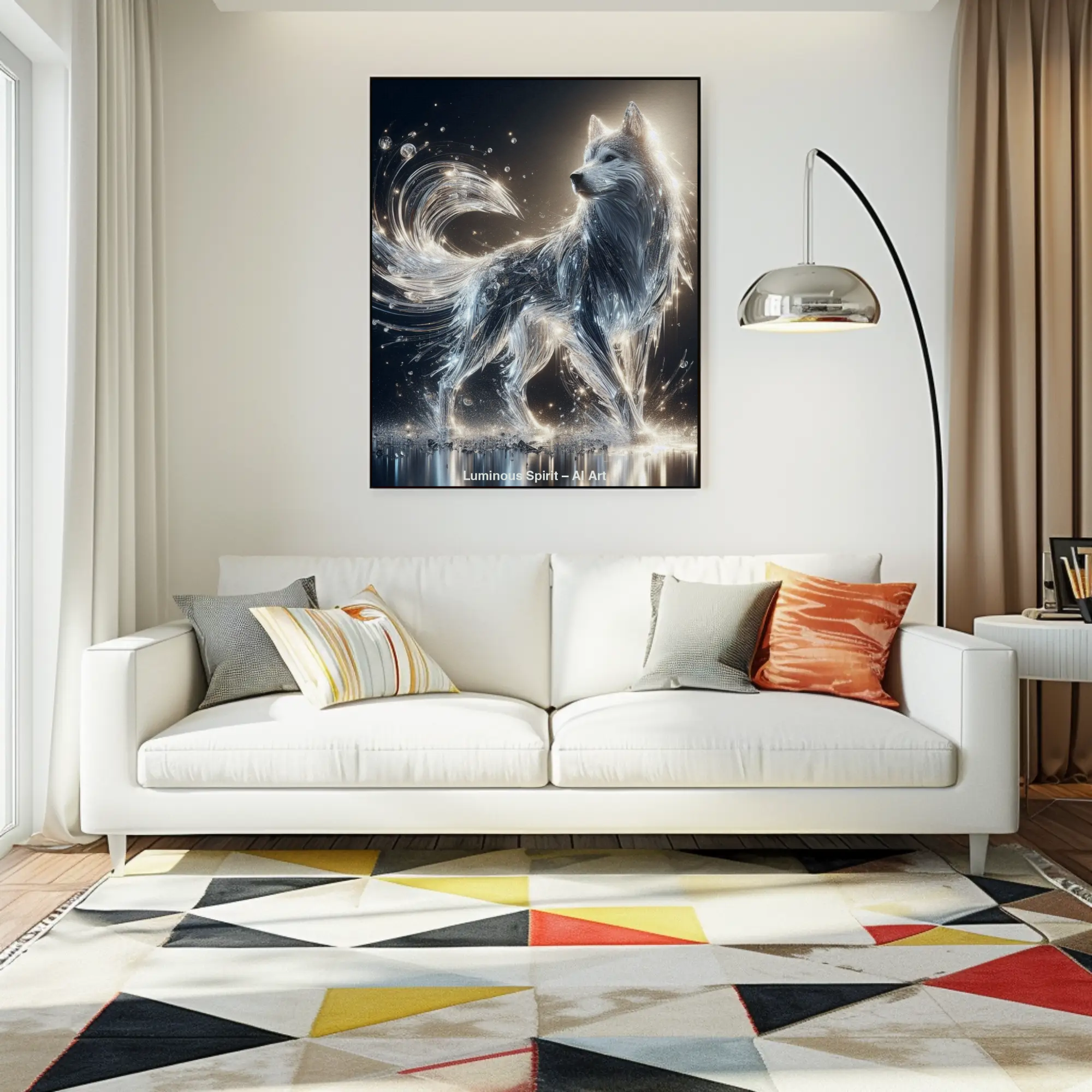 Mockup von Luminous Spirit – AI Art, leuchtender Kristallwolf in funkelnder Lichtumgebung, majestätisch und mystisch.