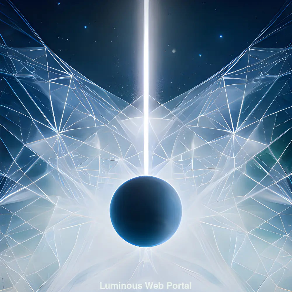 Leuchtende Kugel inmitten eines Lichtnetzwerks mit vertikalem Strahl vor kosmischem Hintergrund – futuristische KI-Kunst in Blau.