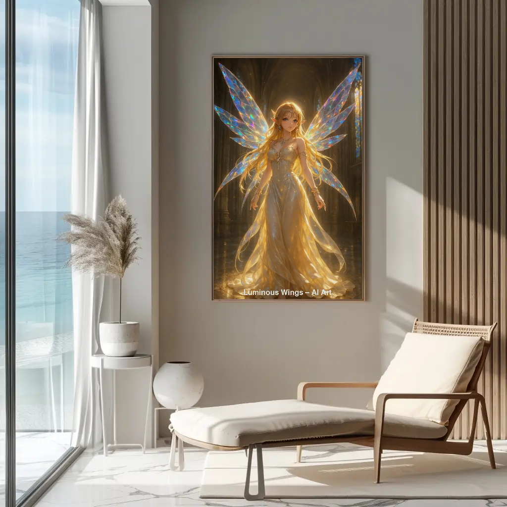 Mockup von Luminous Wings – AI Art, goldene Elfenfrau mit glitzernden Flügeln im Licht einer Kathedrale.