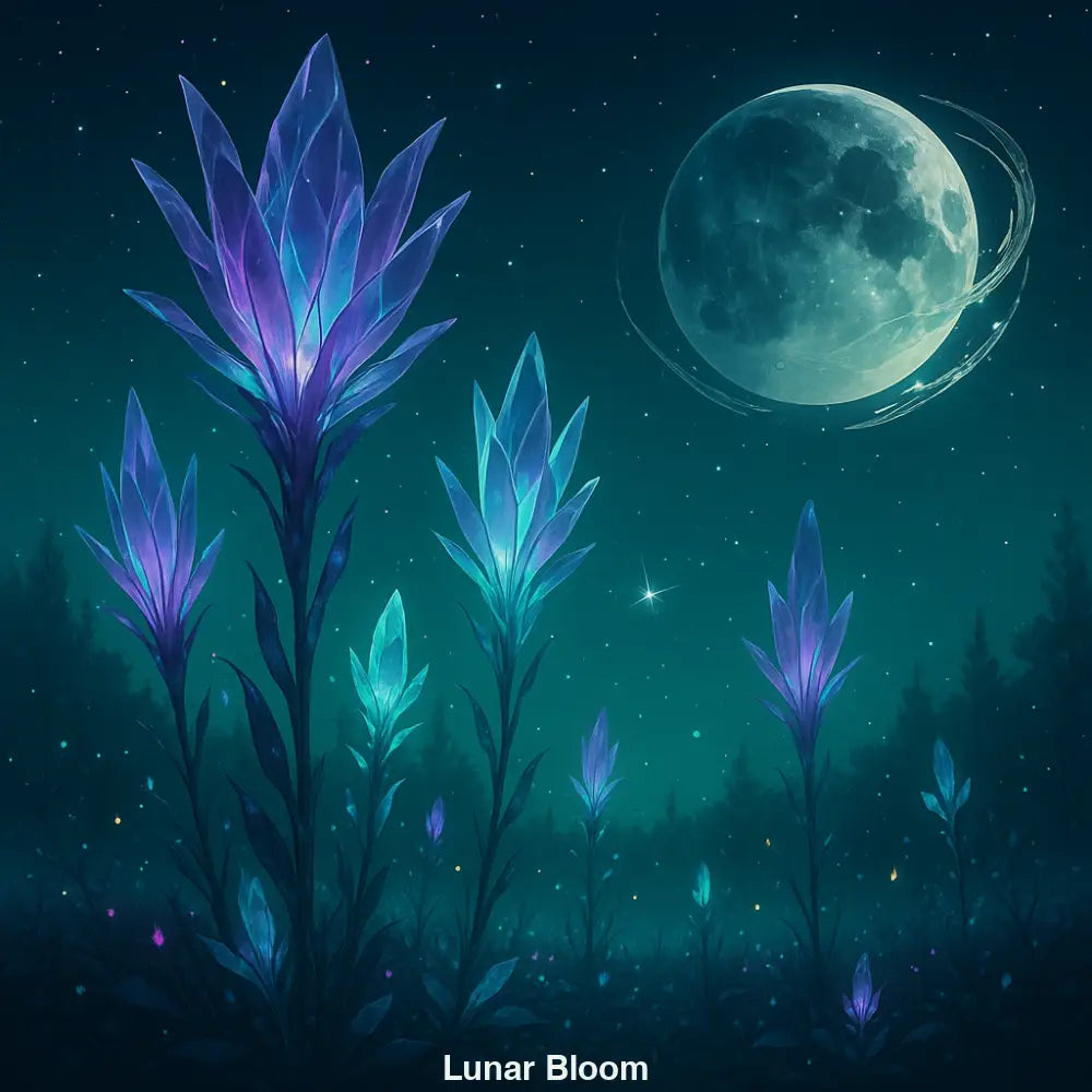 Leuchtende Fantasieblumen unter Mondlicht in digitalem Nachthimmel-Gemälde