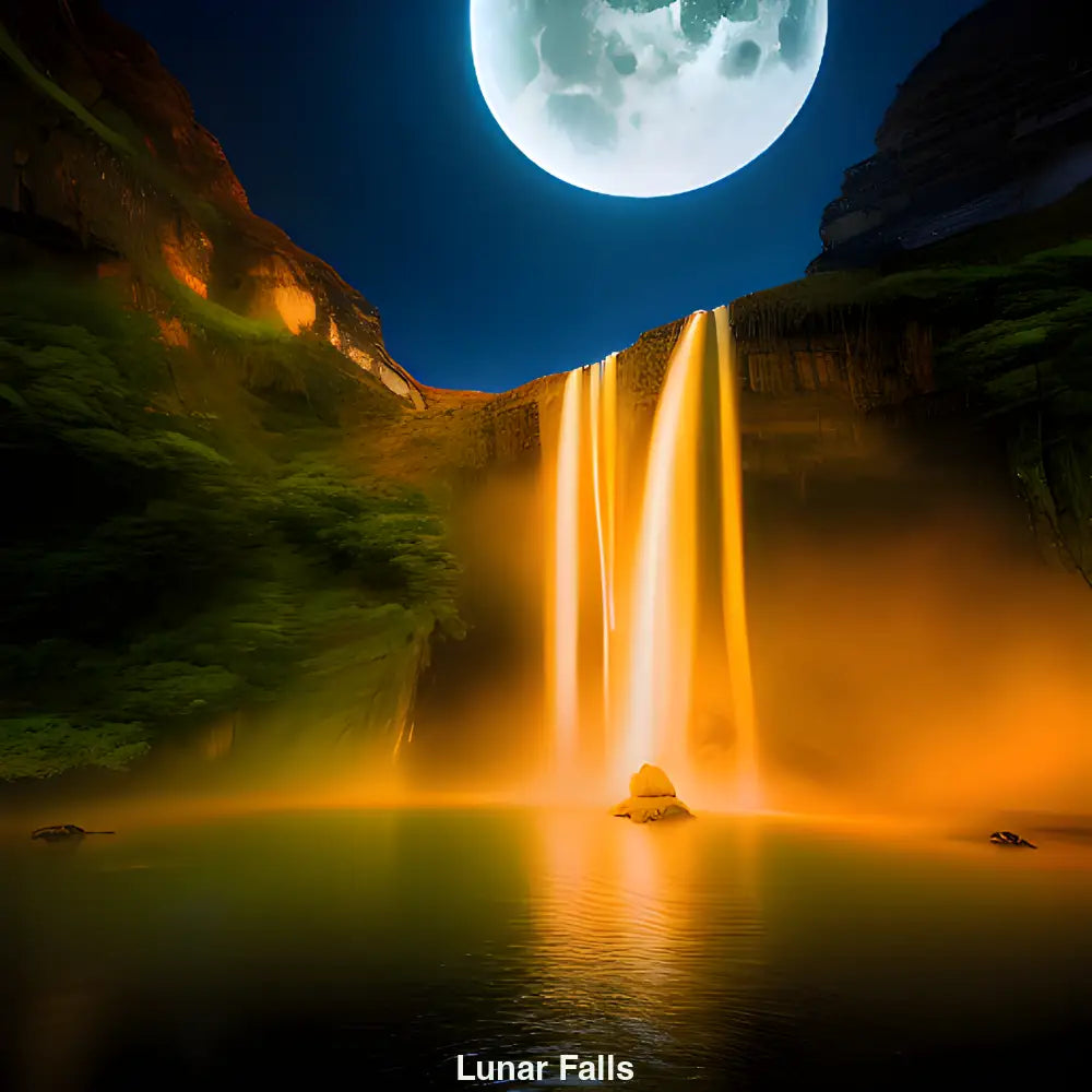 Leuchtender Wasserfall bei Nacht unter einem riesigen Vollmond – stimmungsvolles digitales Kunstwerk in gold-orangefarbenem Licht.